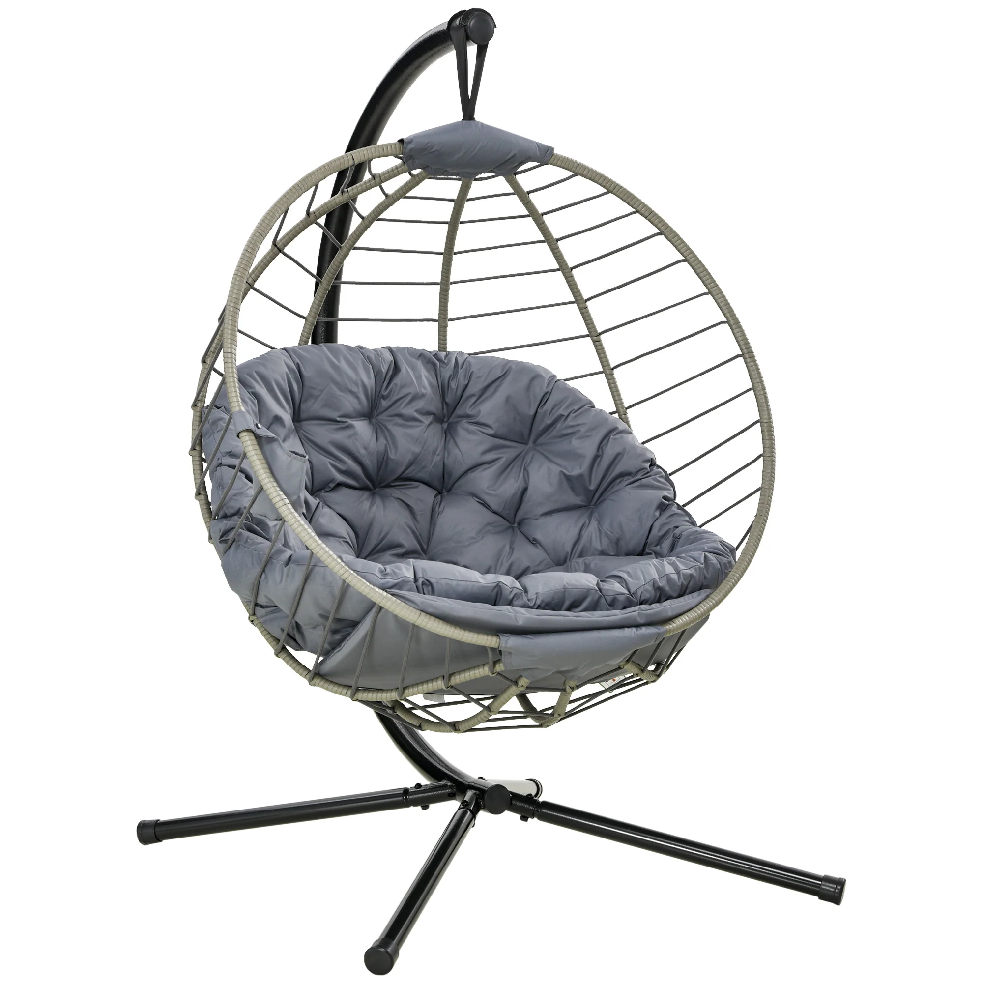 PE Rattan Swing Chair, Outdoor Hanging Chair with Metal Stand, Thick Padded Cushion, Foldable Basket and Cup Holder, for Indoor and Outdoor, Grey - Image 13