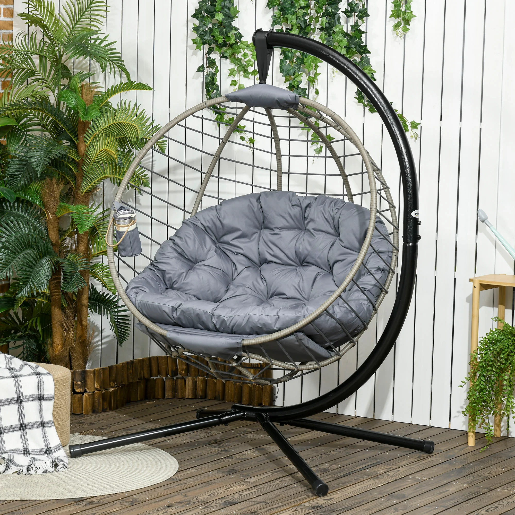 PE Rattan Swing Chair, Outdoor Hanging Chair with Metal Stand, Thick Padded Cushion, Foldable Basket and Cup Holder, for Indoor and Outdoor, Grey - Image 3