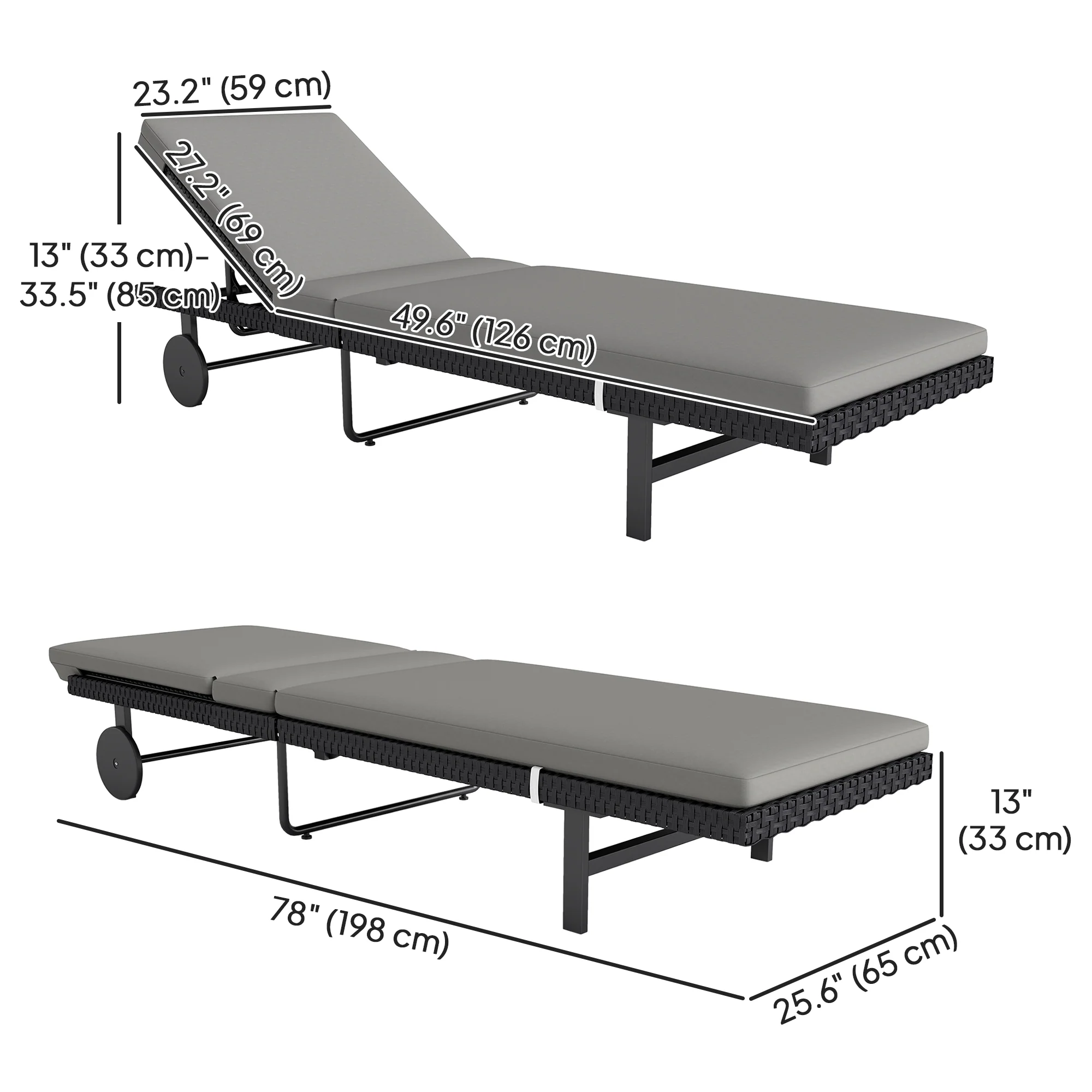 Outdoor Patio PE Rattan Tanning Chair w/ 5-Level Adjustable Back, Wheels & Cushion, Grey - Image 5