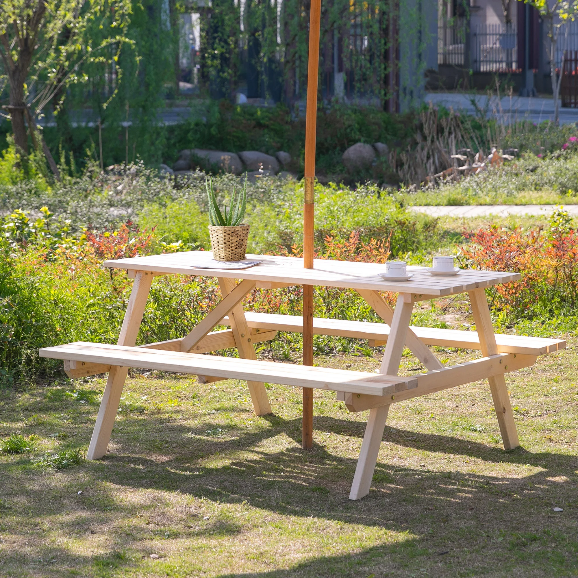 Wood Picnic Table and Bench Set with Umbrella Hole for Outdoor, Garden, Patio, Natural - Image 3