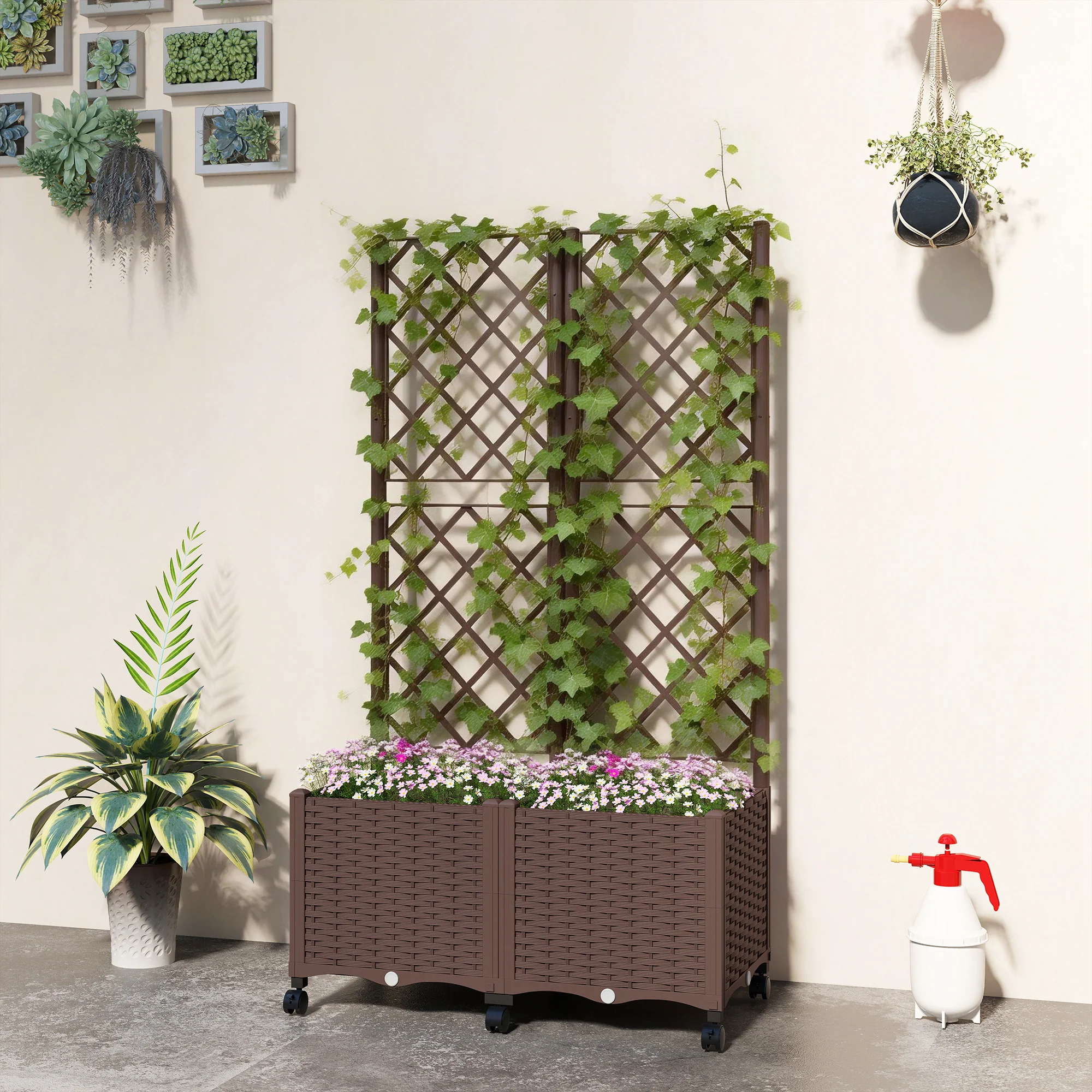 Planter Box with Trellis, Self Watering Raised Garden Bed with Lockable Wheels, 56.3" Trellis Privacy Planter with Drainage Holes for Climbing Plants, Vines, Vegetables, Flowers, Brown - Image 4