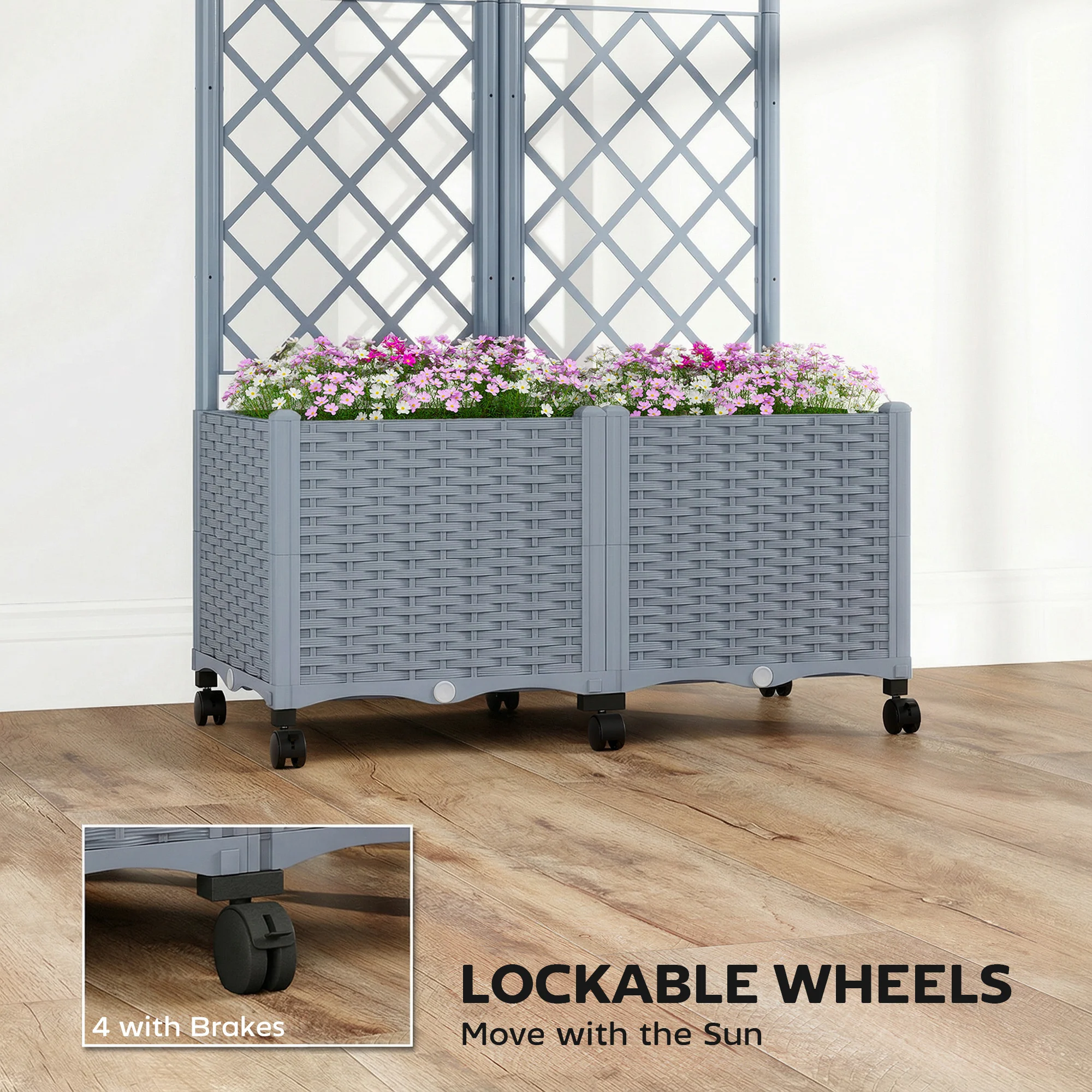 Planter Box with Trellis, Self Watering Raised Garden Bed with Lockable Wheels, 56.3" Trellis Privacy Planter with Drainage Holes for Climbing Plants, Vines, Vegetables, Flowers, Gray - Image 8