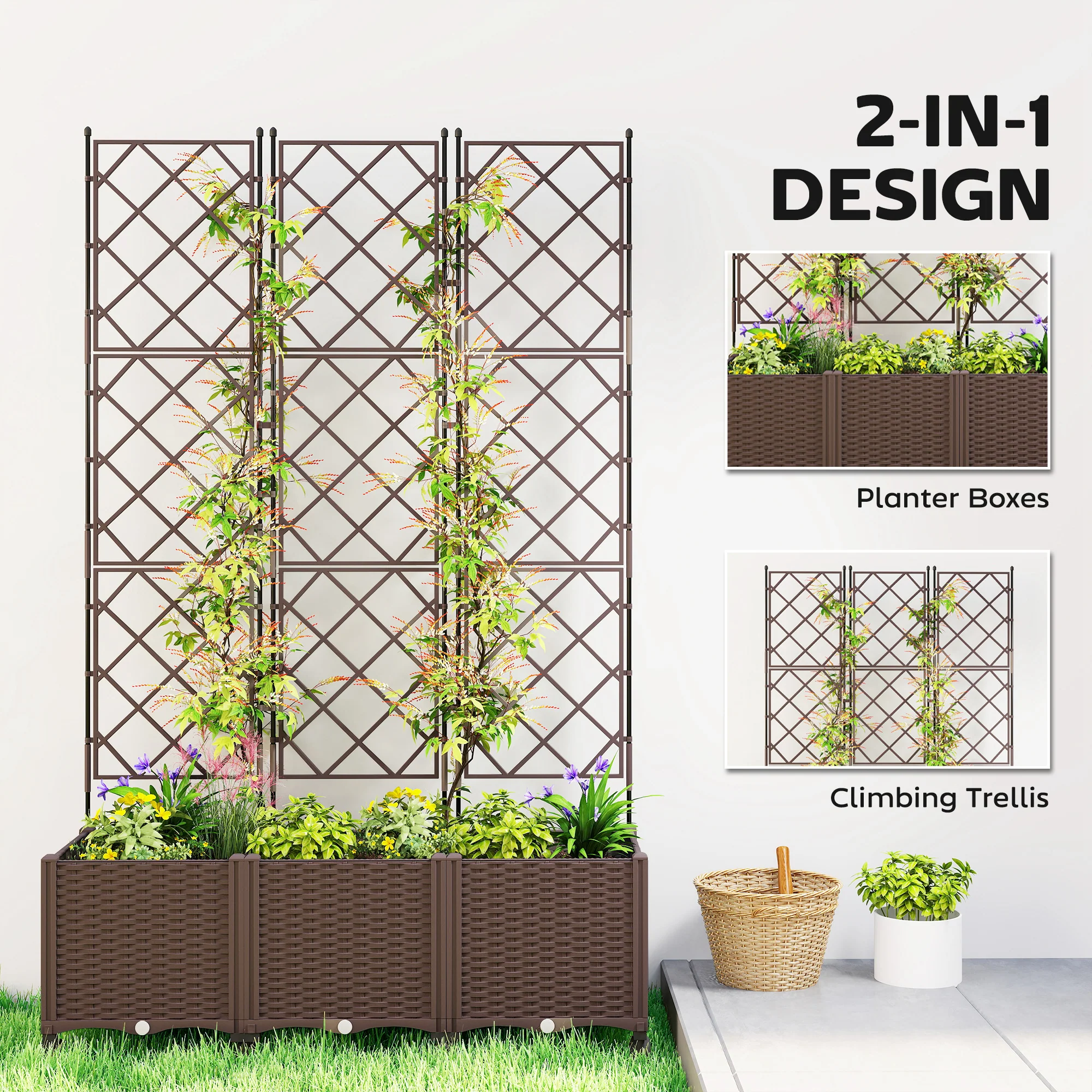 Plastic Raised Planter with Trellis, Self Watering Raised Bed for Garden with Wheels, Drainage Holes and Plugs for Climbing Plants, Outdoor Elevated Planter Box for Vegetables Flowers Herbs - Image 6