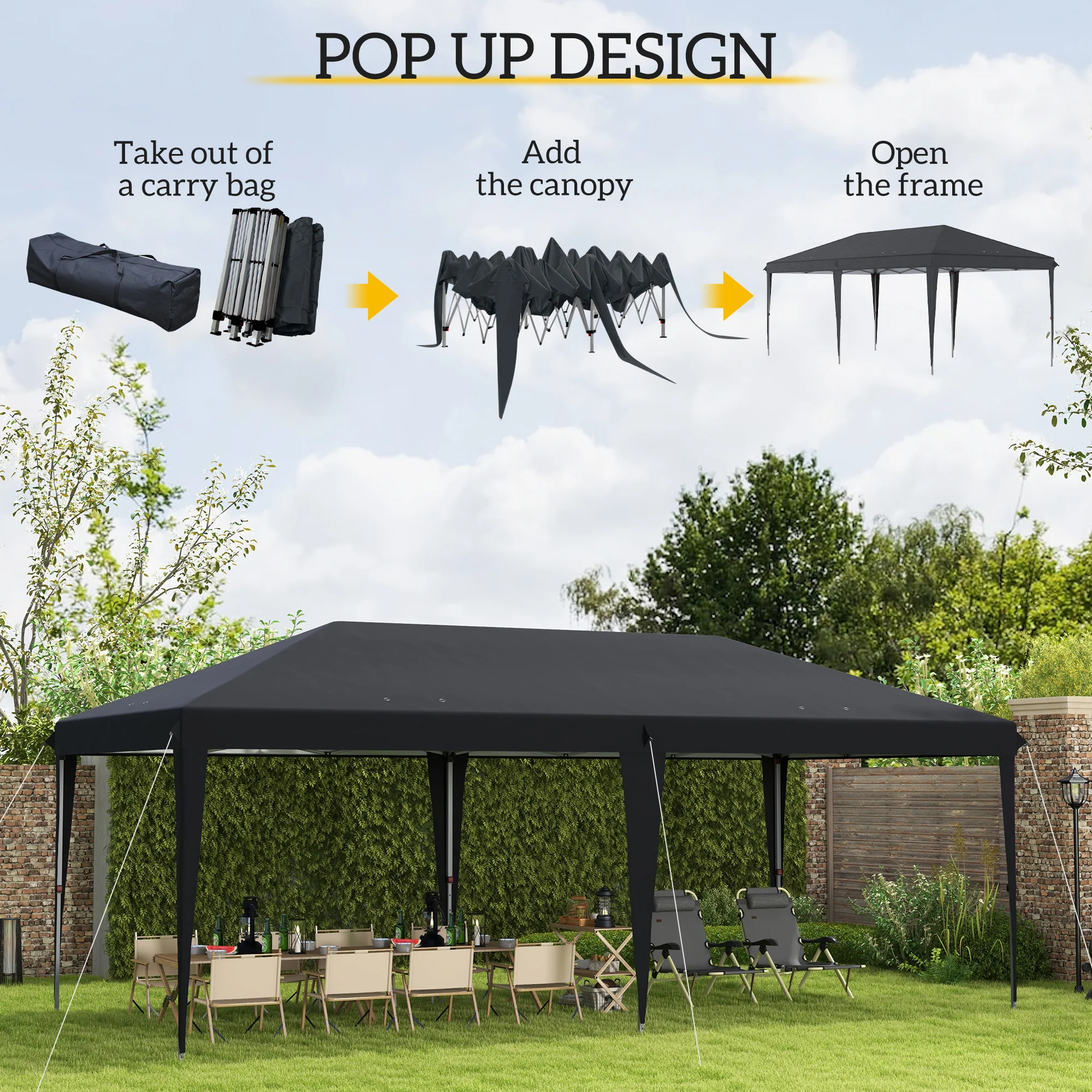 3 x 6m Pop Up Gazebo, Height Adjustable Wedding Awning Canopy w/ Carrying Bag, Black - Image 6