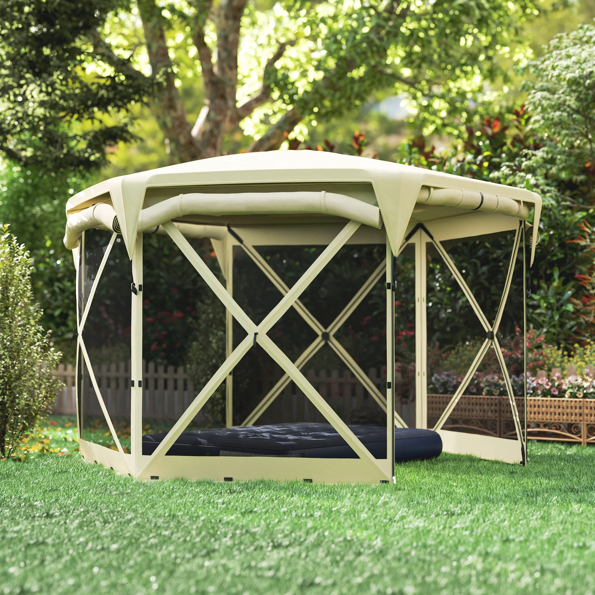 Pop Up Gazebo Screen Tent House, 11 x 11ft with UPF30+ Removable Roof Cover, 4 Roll-up Wind Panels and Carry Bag for Camping, Patio, Backyard, Lawn, Beige - Image 11