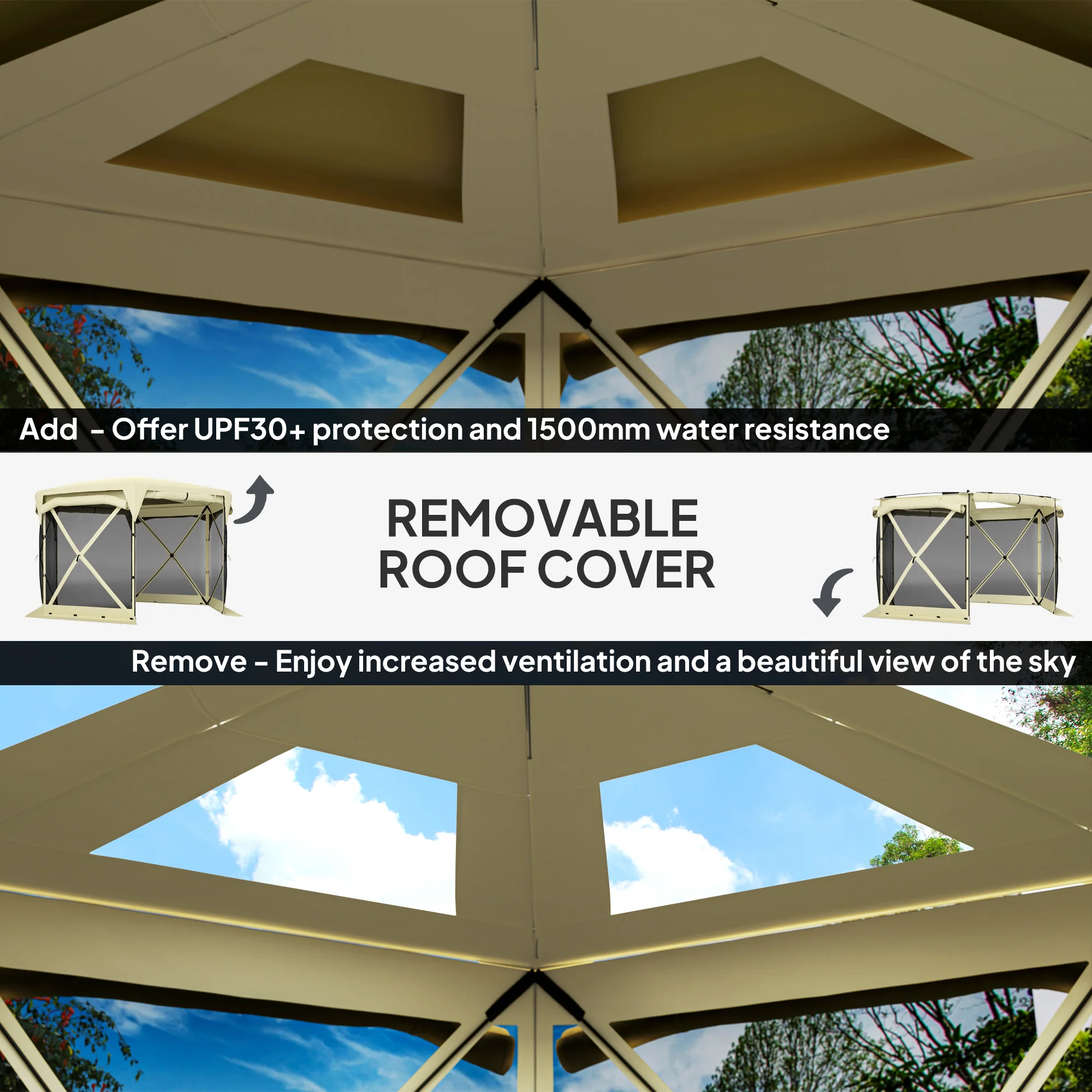 Pop Up Gazebo Screen Tent House, 11 x 11ft with UPF30+ Removable Roof Cover, 4 Roll-up Wind Panels and Carry Bag for Camping, Patio, Backyard, Lawn, Beige - Image 7