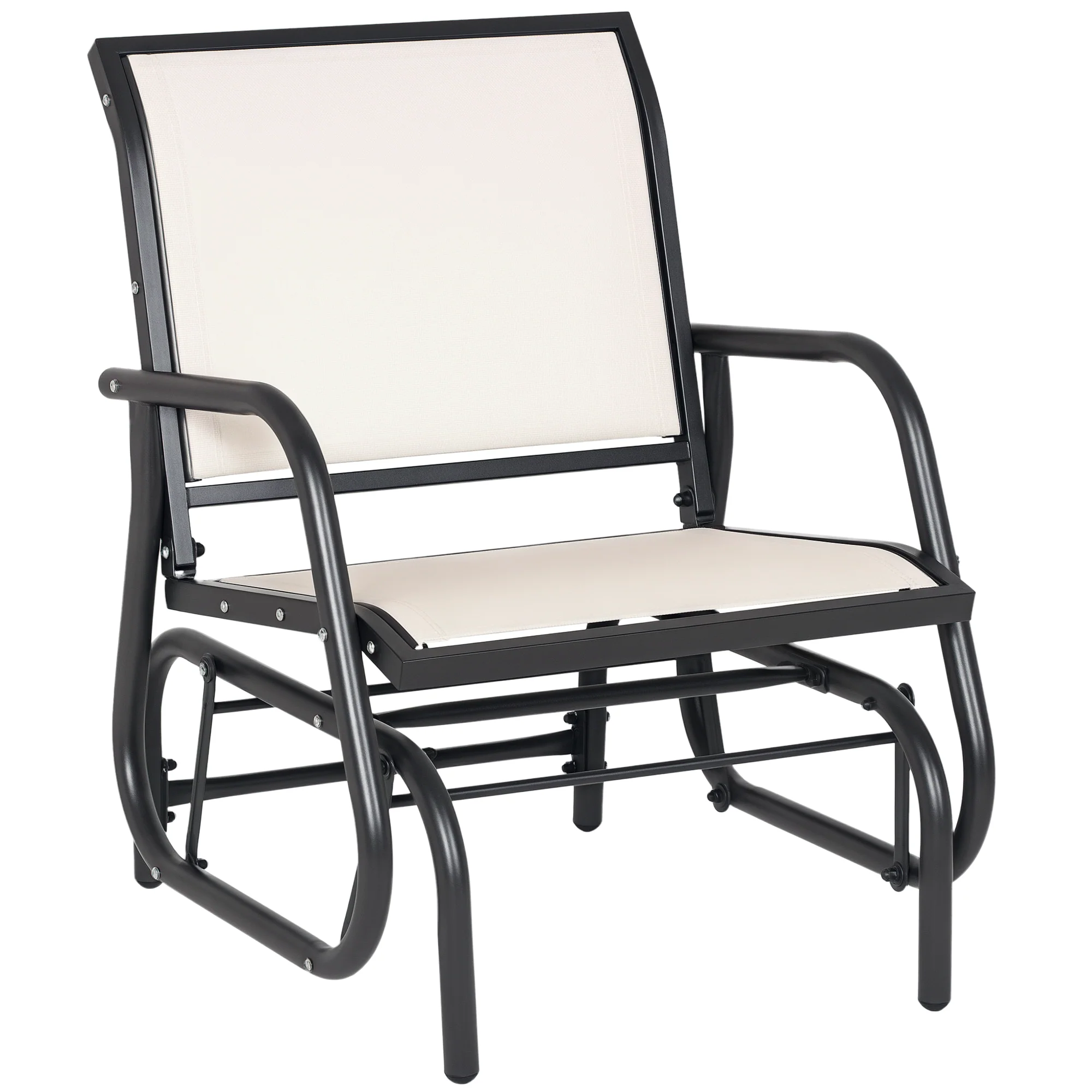 Porch Glider, Metal Frame Swing Glider Chair with Breathable Mesh Fabric, Curved Armrests and Steel Frame for Garden, Poolside, Backyard, Balcony, Cream White