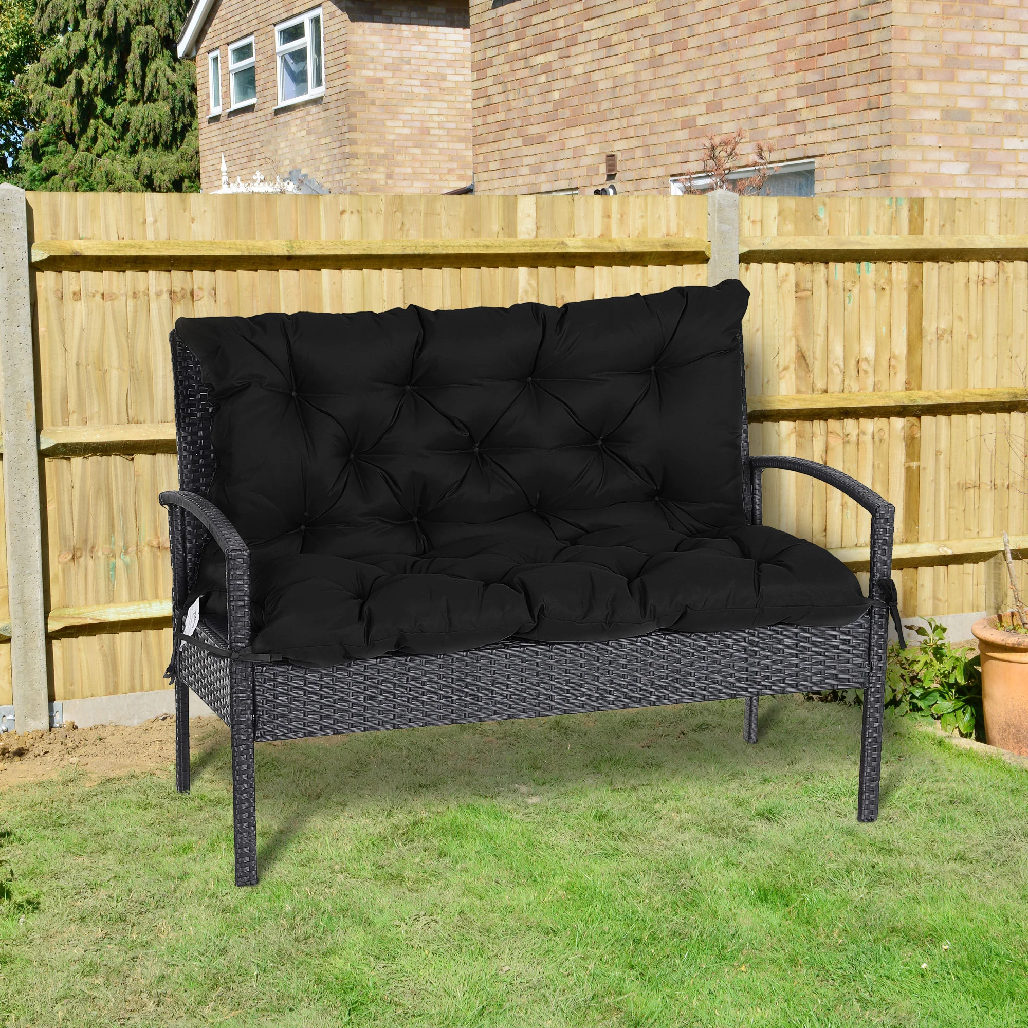 2-Seater Garden Bench Chair Cushion Mat Replacement with Backrest, 39.4" x 38.6", Black - Image 4