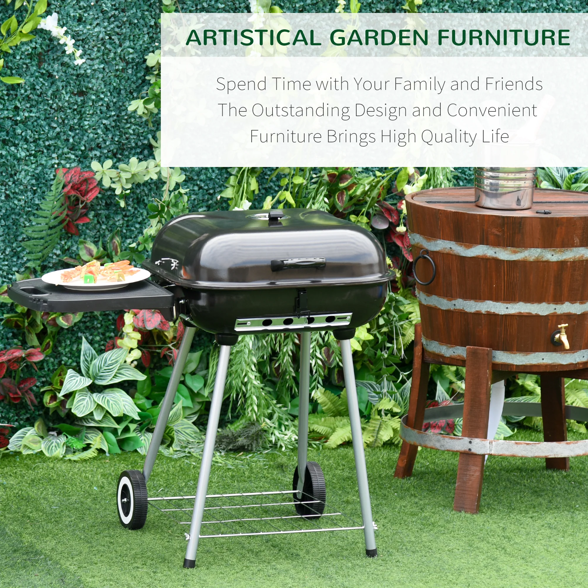 Portable Charcoal Grill with Foldable Shelf and Adjustable Vents for Backyard Cooking, Black - Image 8