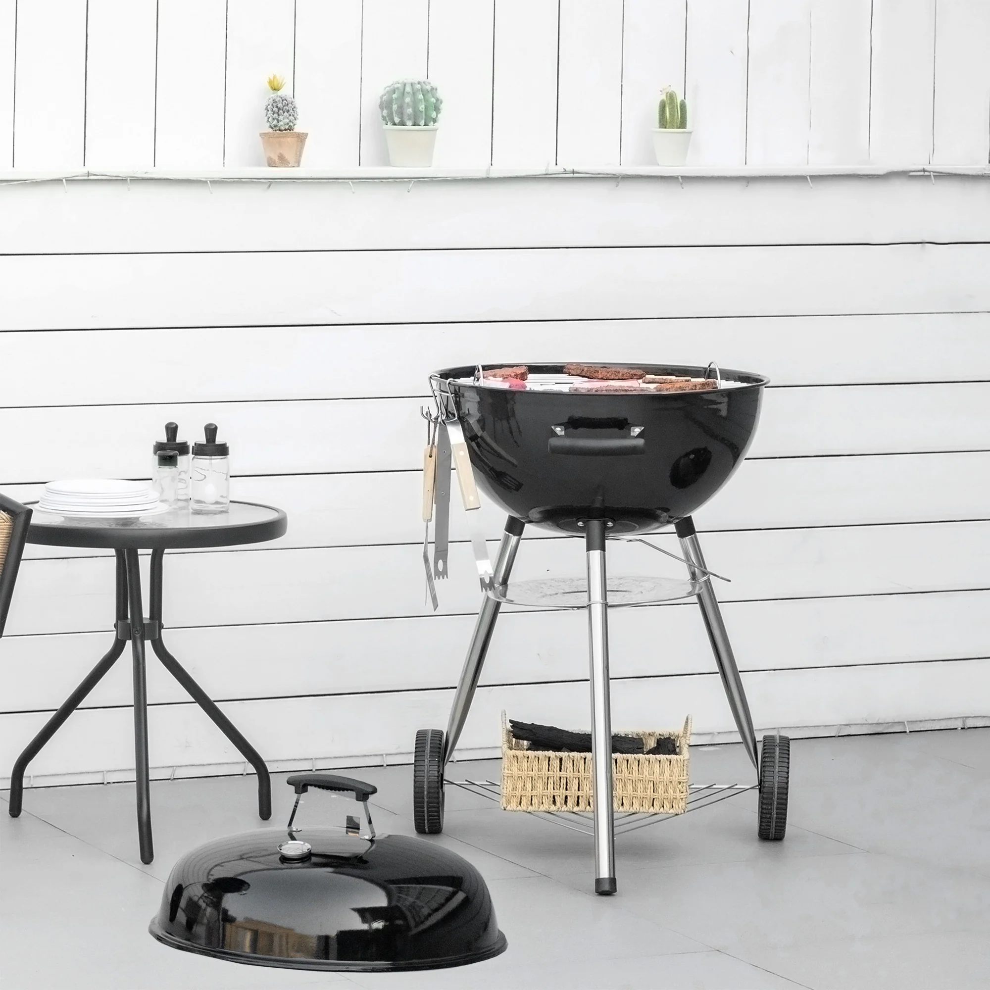 Portable Kettle Charcoal Grill BBQ Smoker with Cover, Outdoor Round Barbecue with Lid, Thermometer, Turner, Knife, Clip, Storage Shelf, & Wheels for Party Patio Garden - Image 3