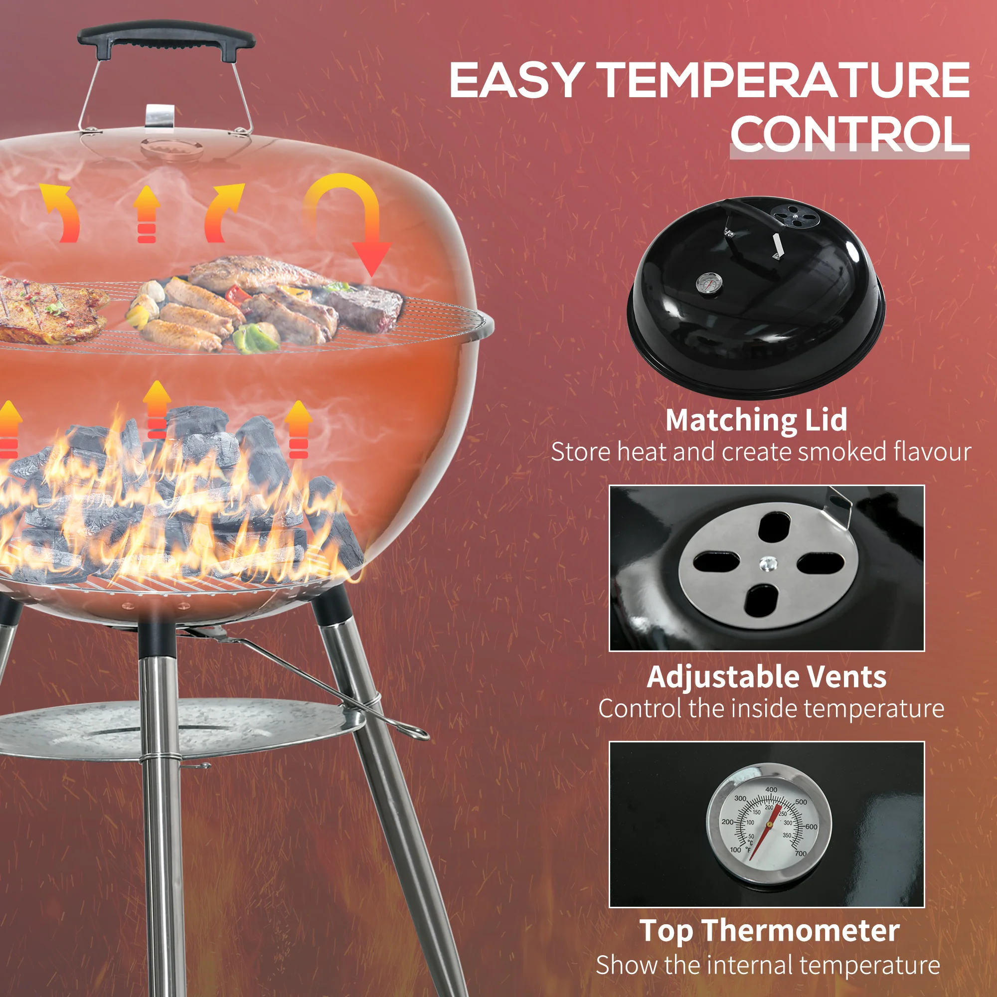 Portable Kettle Charcoal Grill BBQ Smoker with Cover, Outdoor Round Barbecue with Lid, Thermometer, Turner, Knife, Clip, Storage Shelf, & Wheels for Party Patio Garden - Image 7