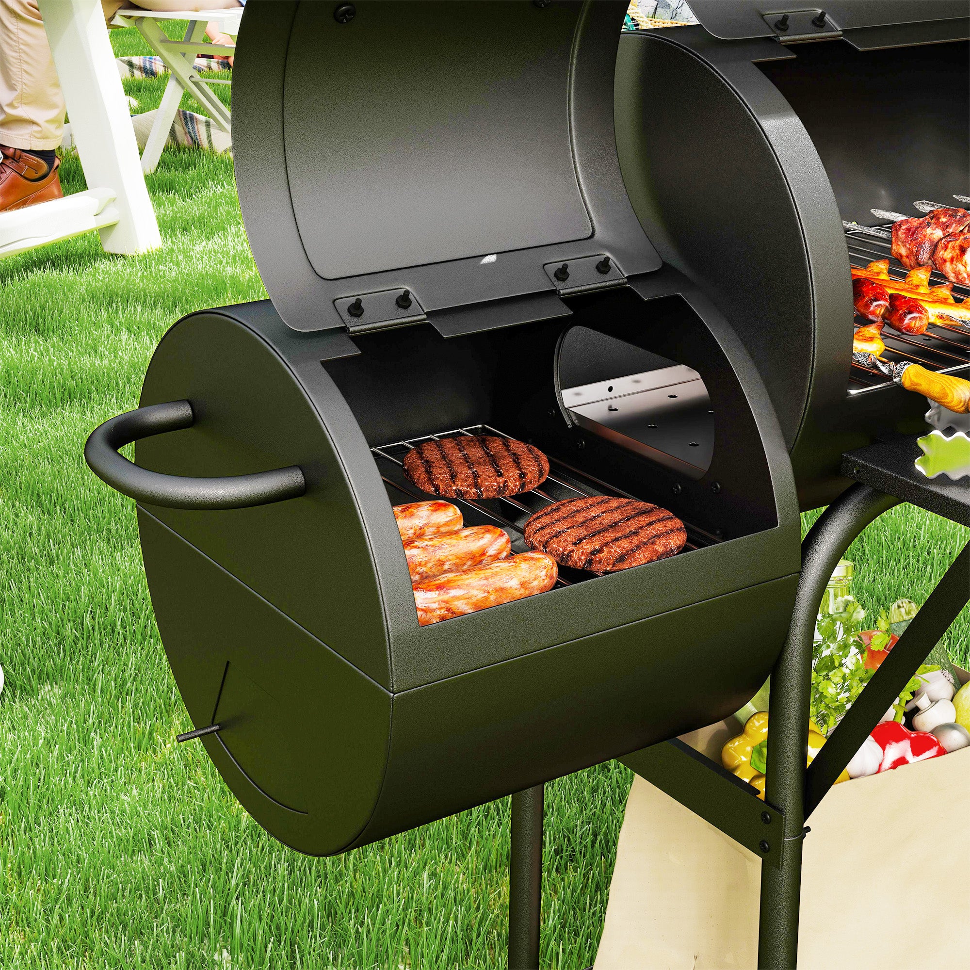 Portable Charcoal Grill with Offset Smoker & 2 Shelves, Black - Image 11