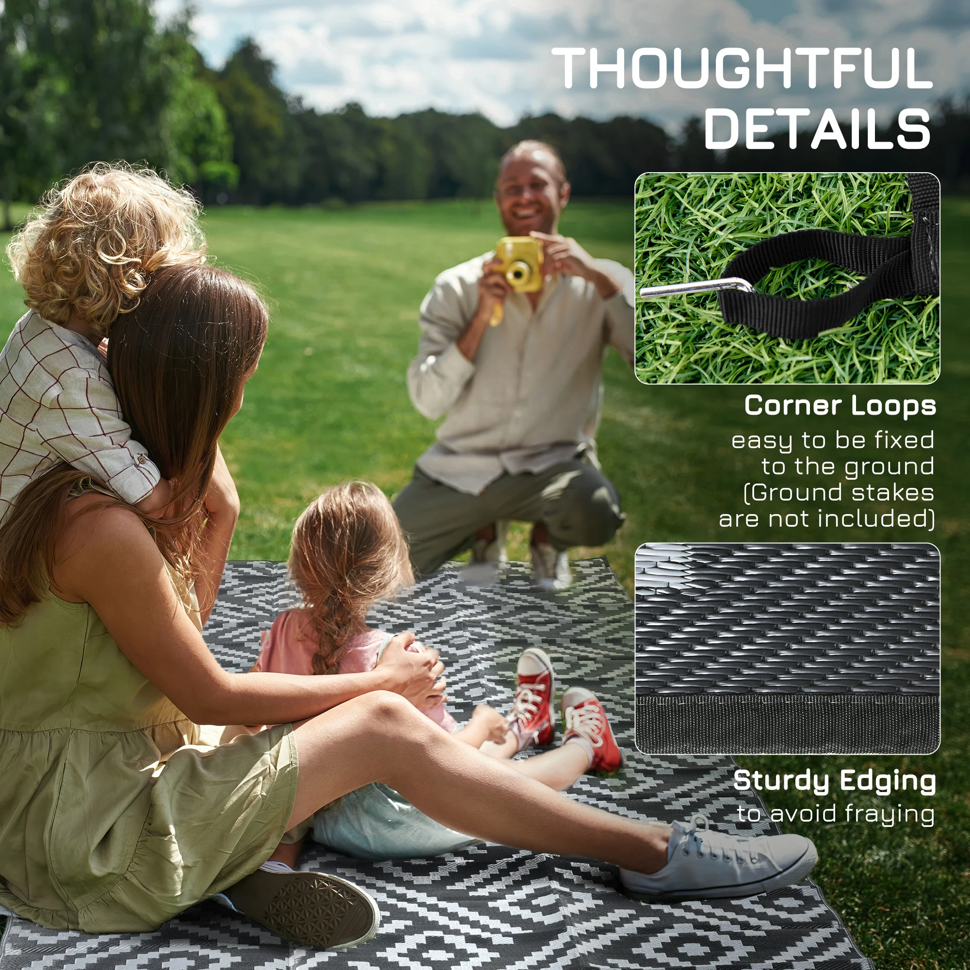 8' x 10' Reversible Mat w/ Carry Bag, Geometric Waterproof RV Rug for Backyard, Black & Grey - Image 10