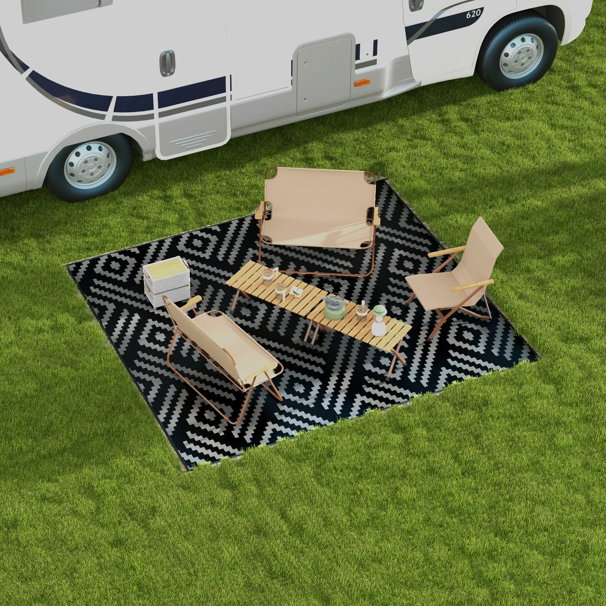 8' x 10' Reversible Mat w/ Carry Bag, Geometric Waterproof RV Rug for Backyard, Black & Grey - Image 4