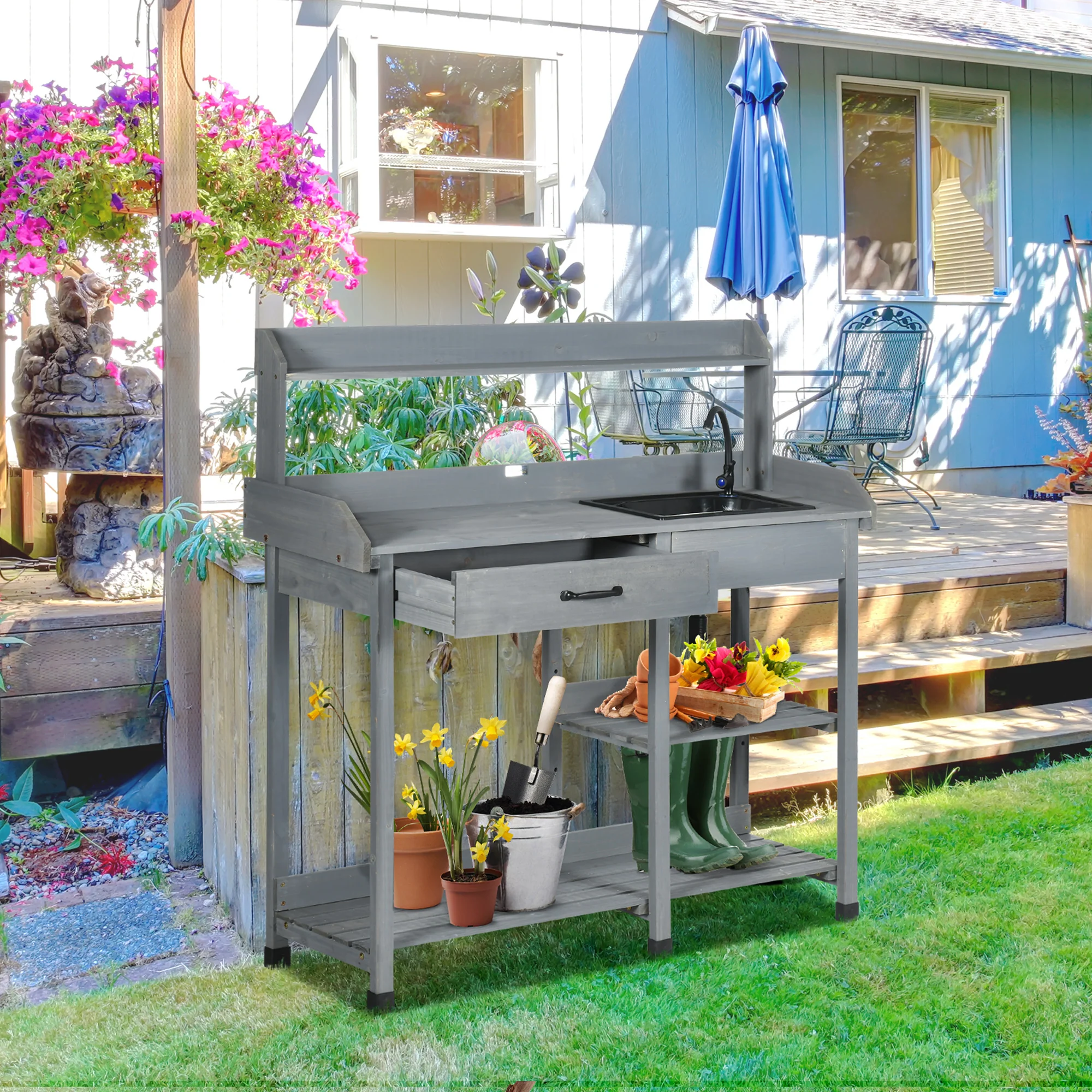 Multi-Function Garden Potting Table with Removable Sink & Storage, 45.3" x 17.7" x 48.4", Grey - Image 4
