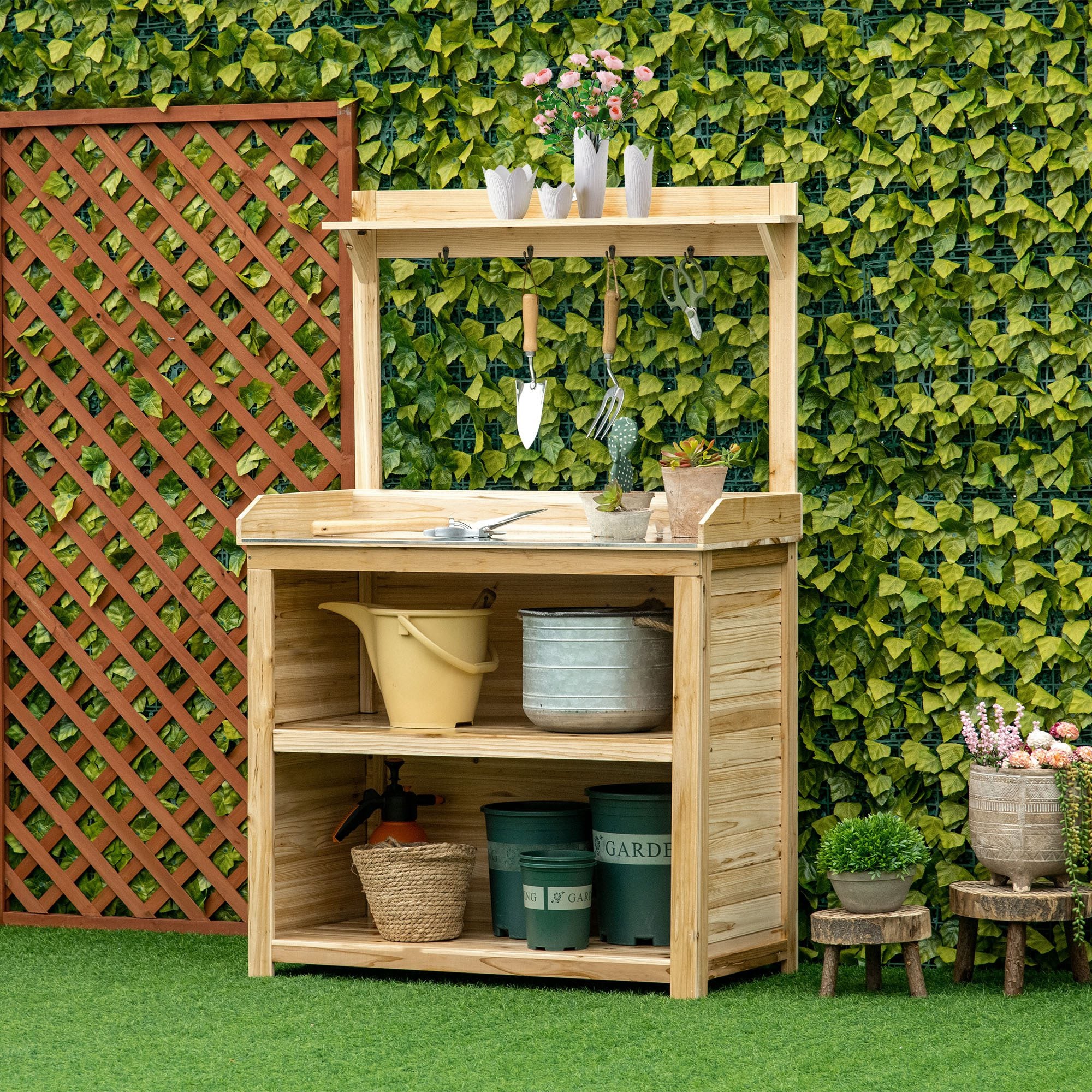 Potting Bench Table, Wooden Garden Workstation Bench with Galvanized Metal Tabletop, Storage Shelves and Hooks for Patios, Courtyards, Balcony - Image 4