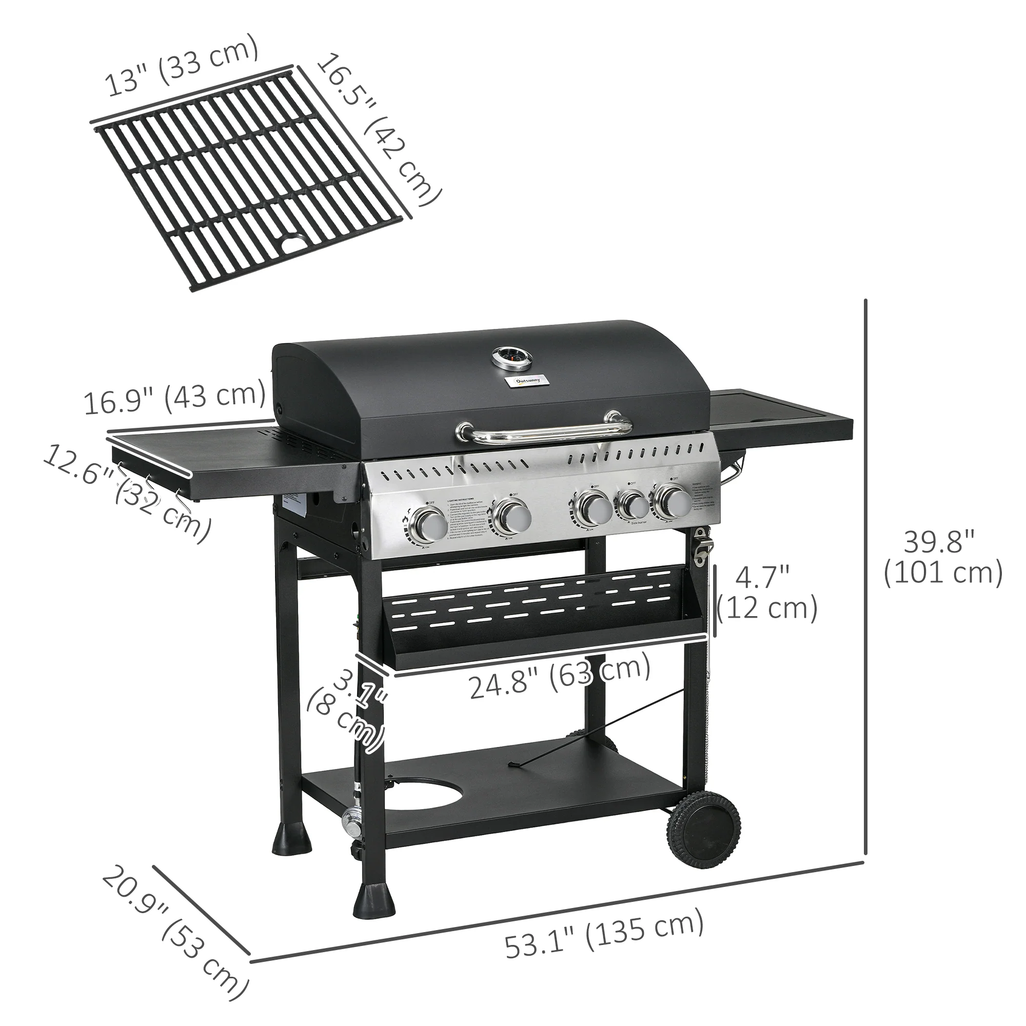 40,000 BTU Propane Grill with 4 Burners & Side Shelf, Black - Image 5