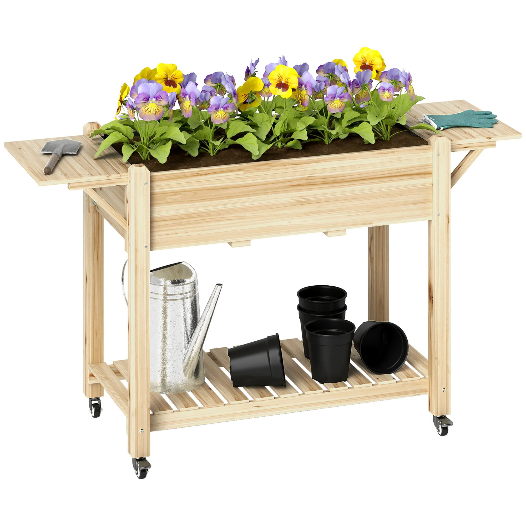 Elevated Wood Raised Garden Bed with Lockable Wheels & Foldable Side Tables, Natural