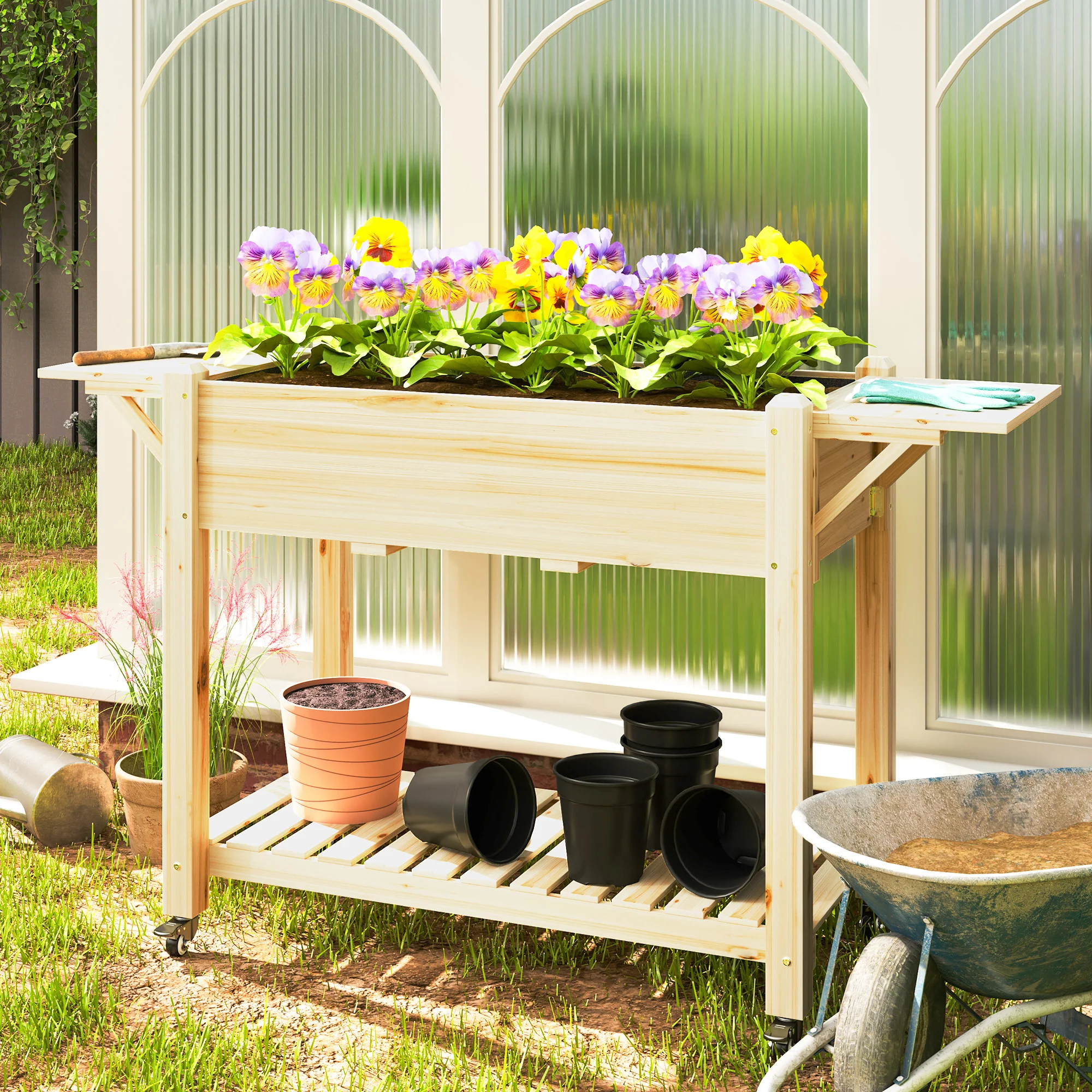 Elevated Wood Raised Garden Bed with Lockable Wheels & Foldable Side Tables, Natural - Image 3