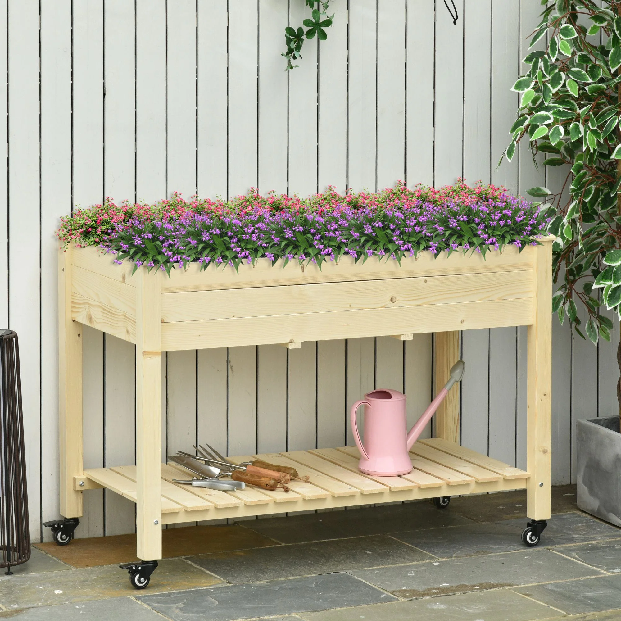 Raised Garden Bed with Lockable Wheels & Shelf, Natural - Image 4