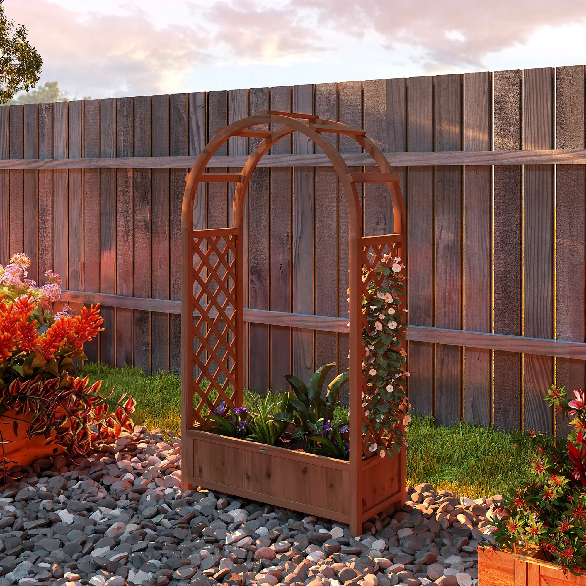Raised Garden Bed with Arch Trellis, Freestanding Garden Planter Box, Outdoor Planter Container, Dark Brown Wood Effect - Image 11