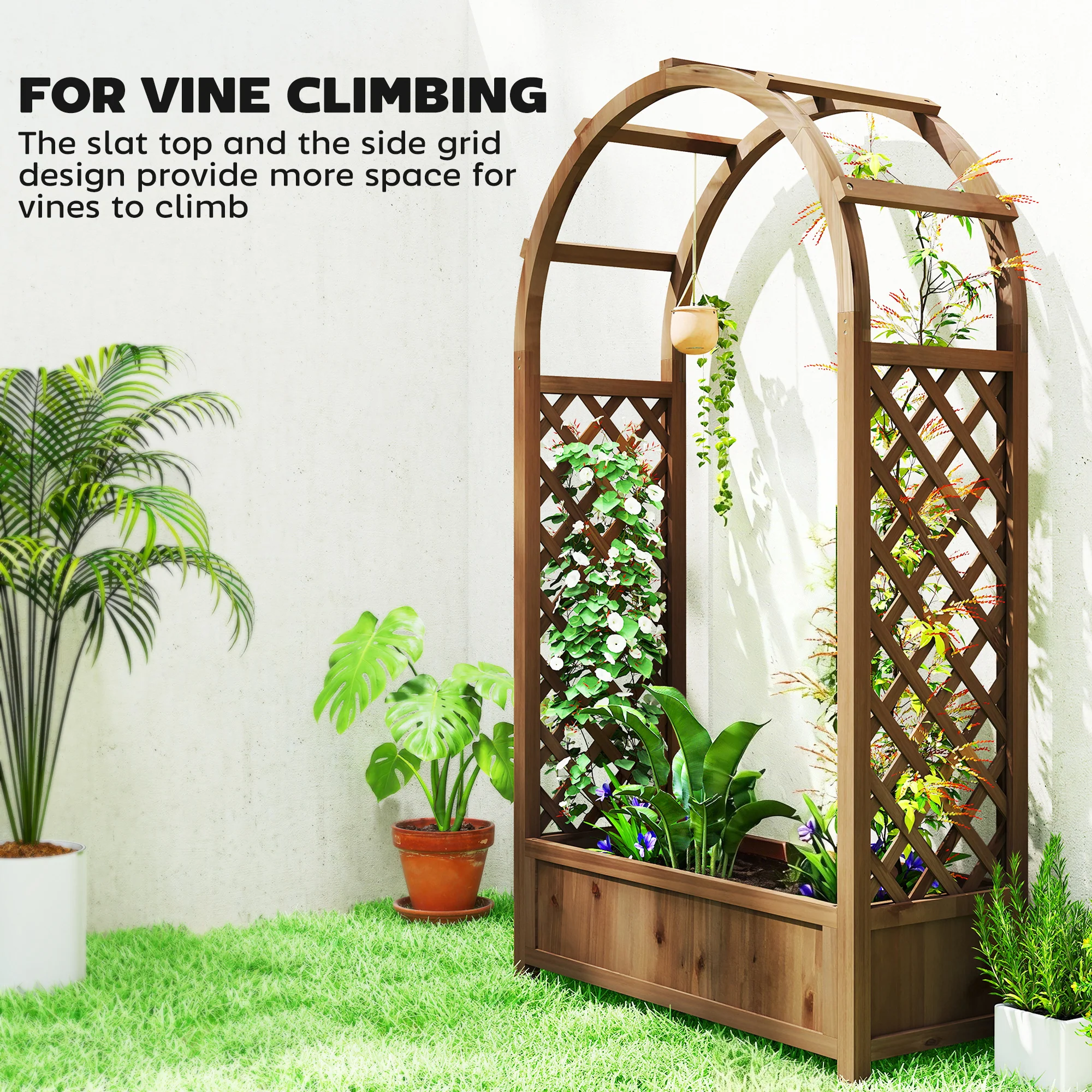 Raised Garden Bed with Arch Trellis, Freestanding Garden Planter Box, Outdoor Planter Container, Dark Brown Wood Effect - Image 6