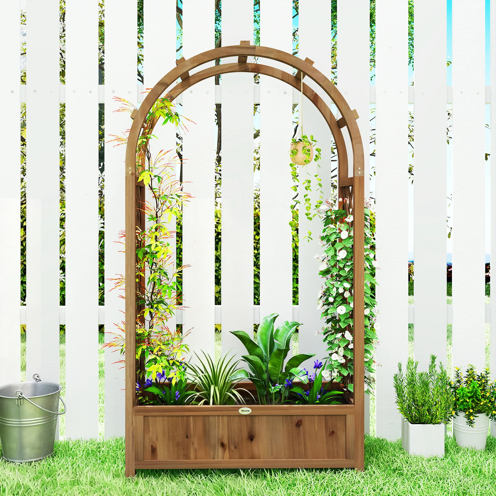 Raised Garden Bed with Arch Trellis, Freestanding Garden Planter Box, Outdoor Planter Container, Dark Brown Wood Effect - Image 9