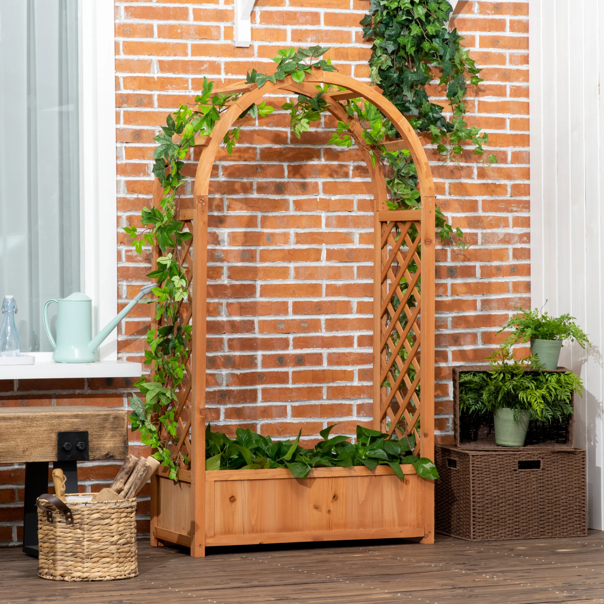 Raised Garden Bed with Arch Trellis, Freestanding Garden Planter Box, Outdoor Planter Container for Vine Climbing Plant Flower Herb, Brown - Image 4