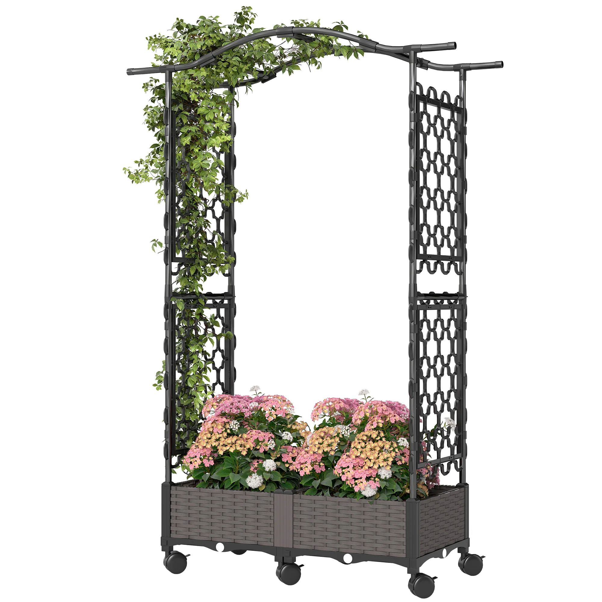 Raised Garden Bed with Arch Trellis, Raised Bed for Garden on Wheels with Side Trellis, Self Watering Outdoor Planter Box with Drainage Holes, Drain Plugs for Climbing Plants, Flowers, Herbs - Image 2