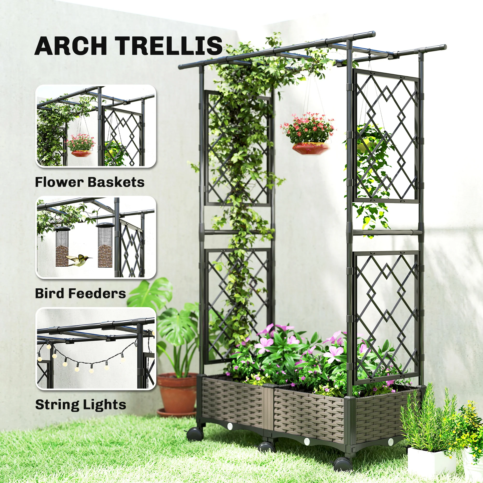Raised Garden Bed with Arch Trellis, Raised Bed for Garden on Wheels with Side Trellis for Climbing Plants, Flowers - Image 6