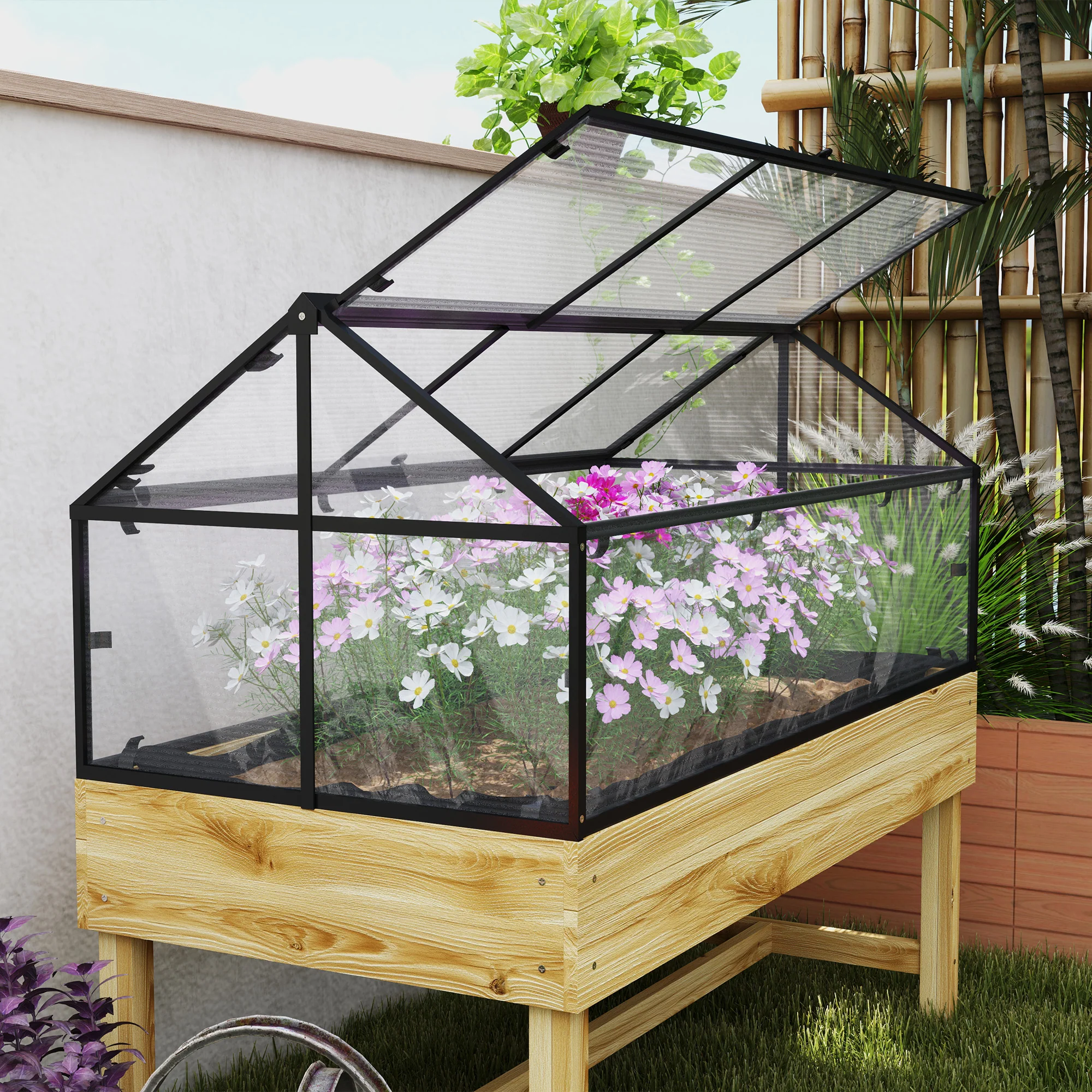 NookGrow Raised Garden Bed with Cold Frame Greenhouse Polycarbonate Panel and Top Vent, Natural - Image 10