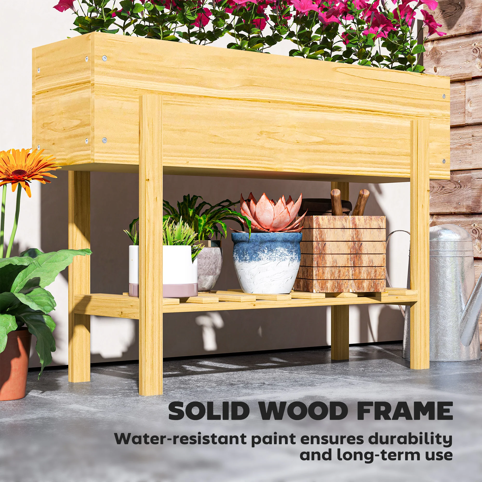 39" x 12" x 28" Elevated Wooden Garden Bed with Legs, Storage Shelf, Drainage Holes, Natural Wood - Image 9