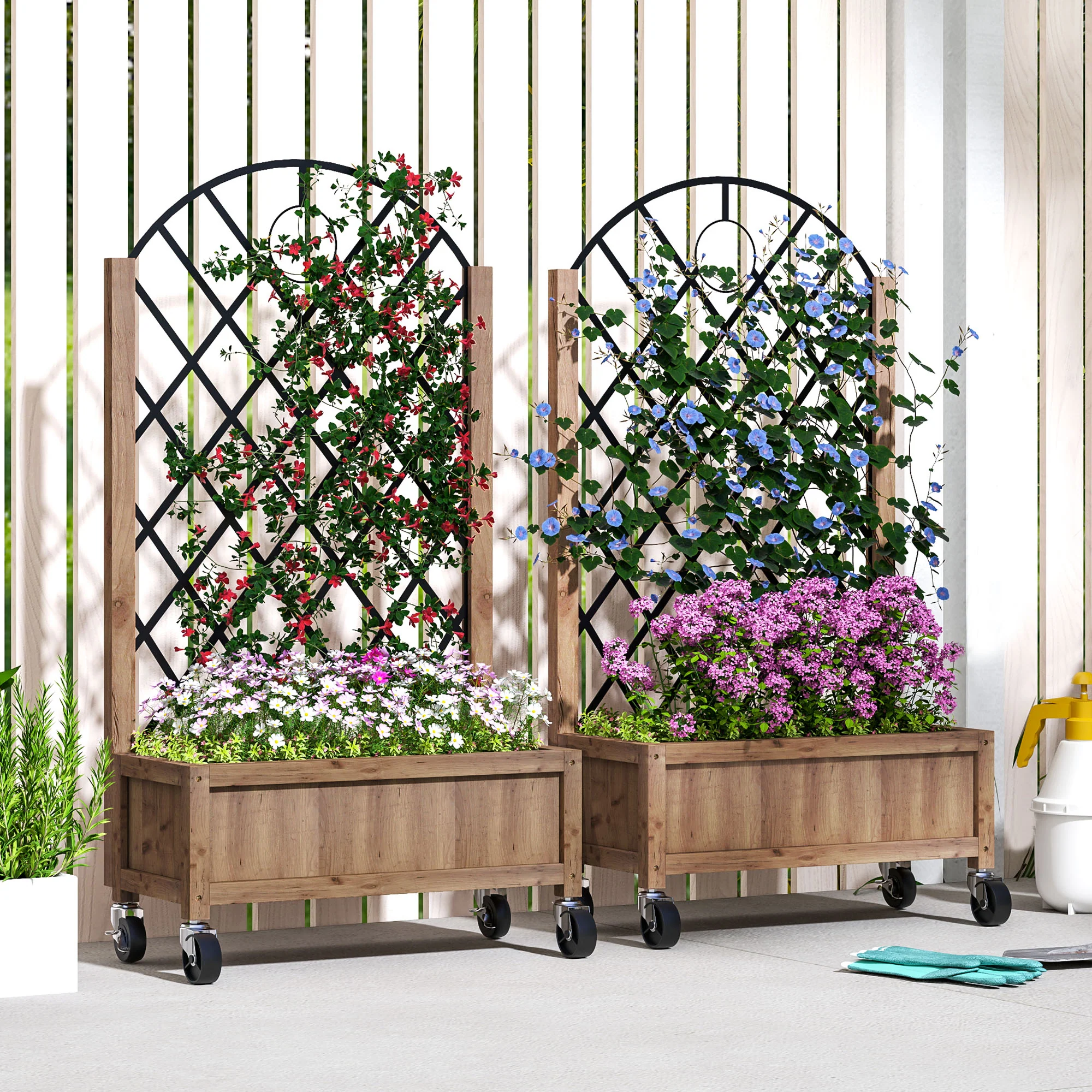Raised Garden Bed with Metal Trellis, Elevated Planter Box with Wheels and Drainage Holes, 20.5" x 9.8" x 38.2", Brown - Image 3