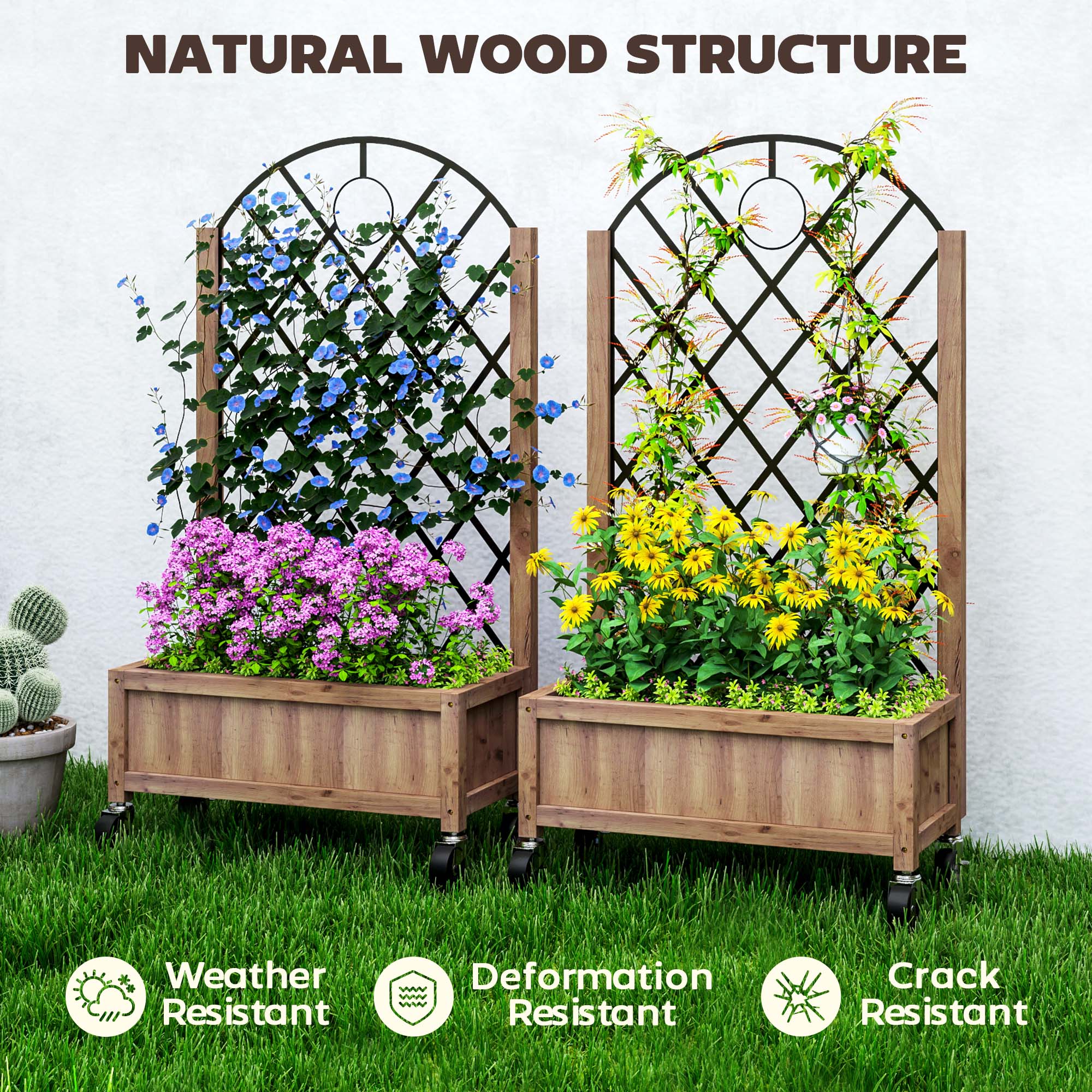 Raised Garden Bed with Metal Trellis, Elevated Planter Box with Wheels and Drainage Holes, 20.5" x 9.8" x 38.2", Brown - Image 9