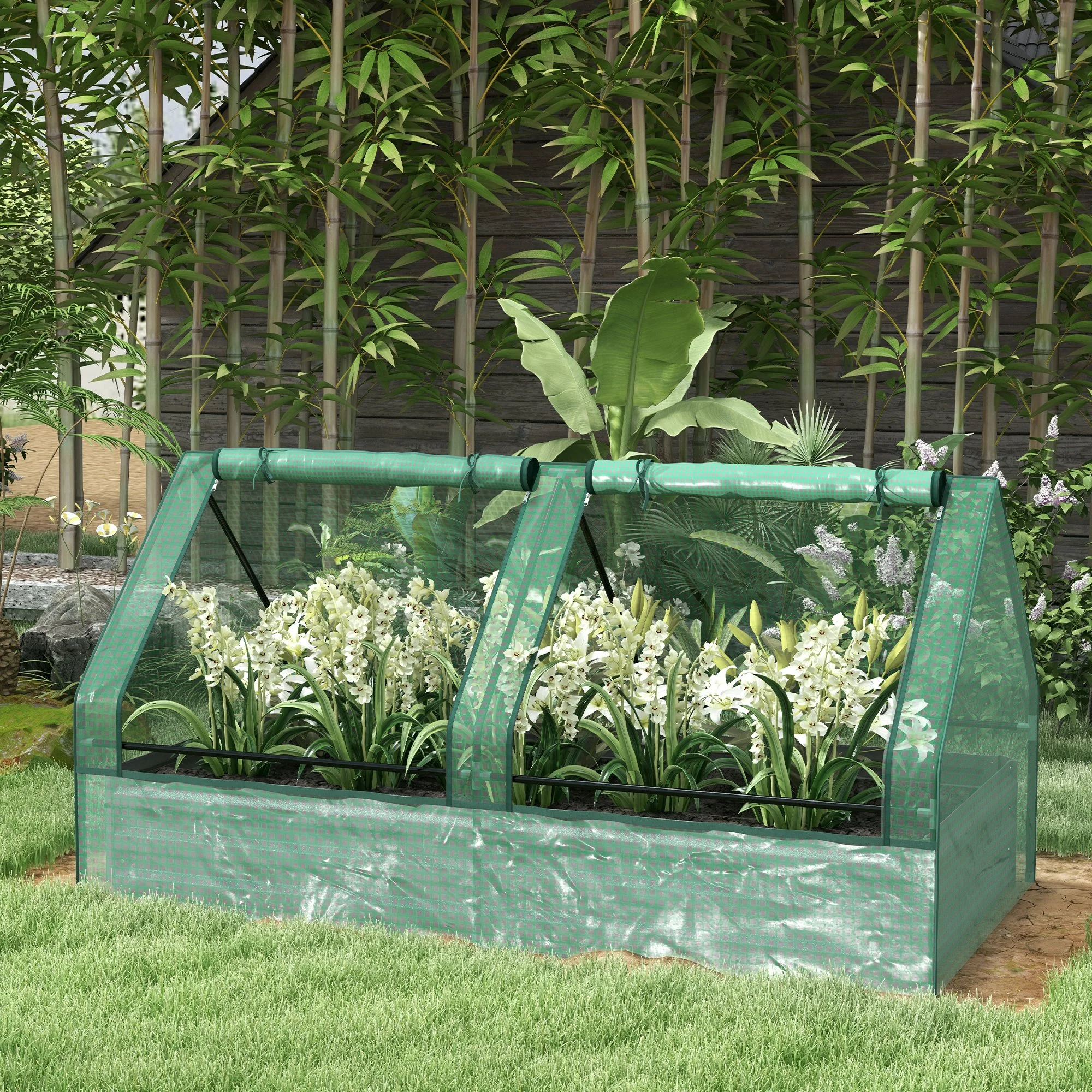 Raised Garden Bed with Mini Greenhouse & Cover, for Herbs and Vegetables, Green and Dark Grey - Image 4