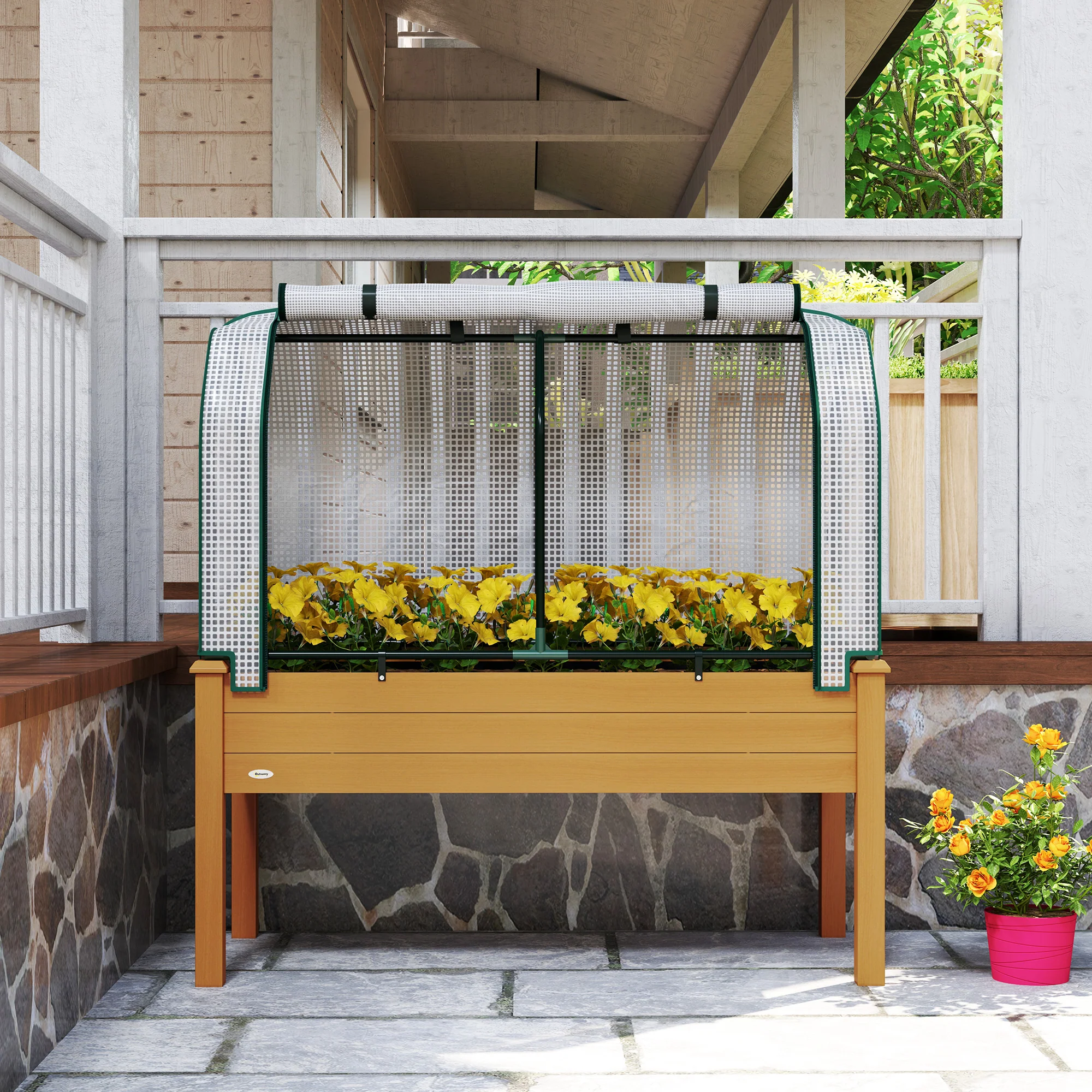Raised Garden Bed with PE Greenhouse Cover Outdoor Elevated Wood Planter Box for Herbs and Vegetables, Use for Patio, Backyard, Balcony, 48 x 22 x 46 inch, Sand - Image 11