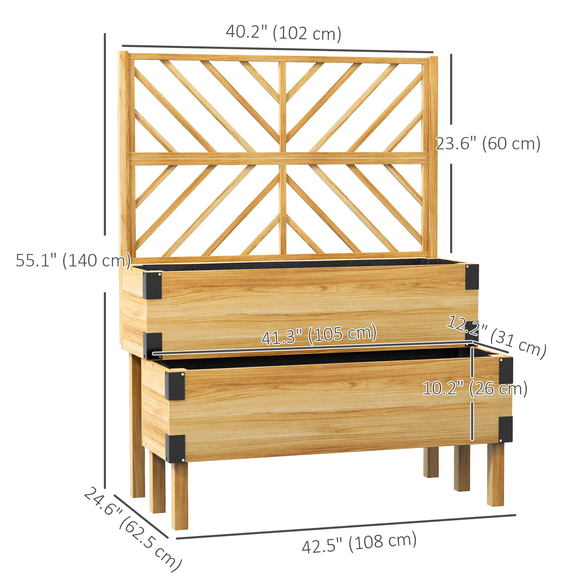 2-Tier Raised Garden Bed with Trellis & Metal Corners, Natural Wood - Image 5