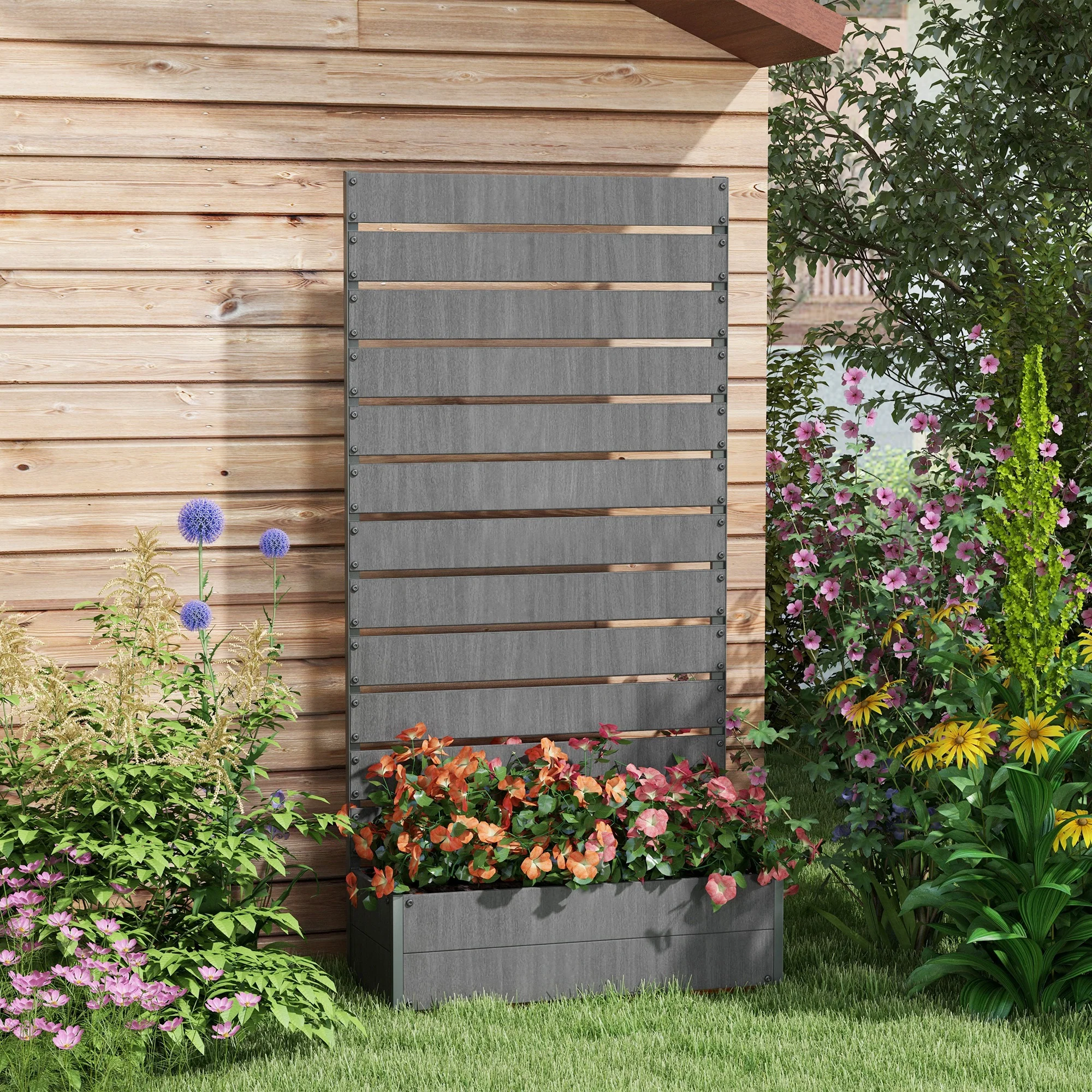 Trellis Planter for Climbing Plants, Raised Garden Bed with Trellis, Planter Box for Outdoor Garden, Dark Grey - Image 4