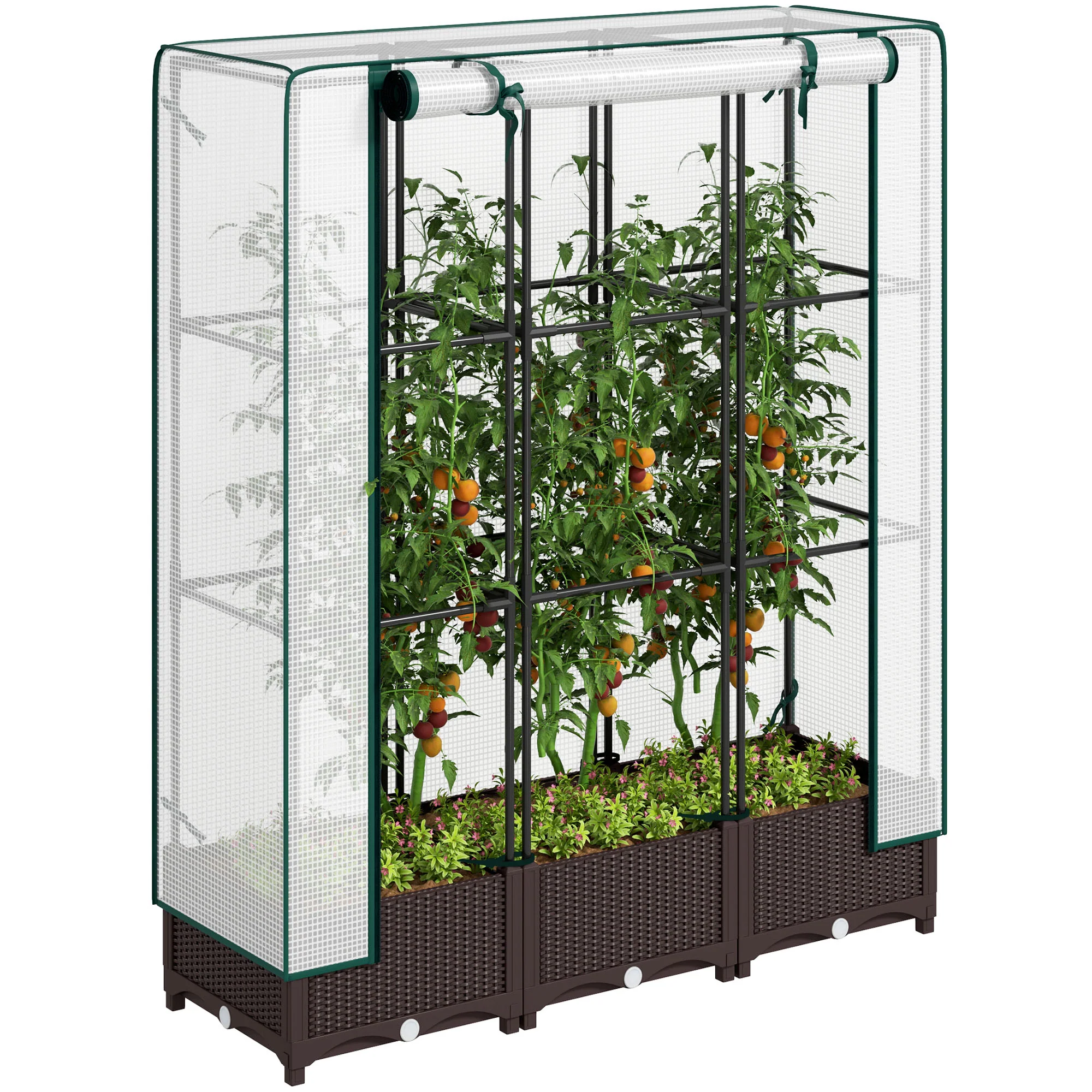 Raised Garden Bed with PE Greenhouse Cover & Trellis, 47" x 16" x 50", Brown