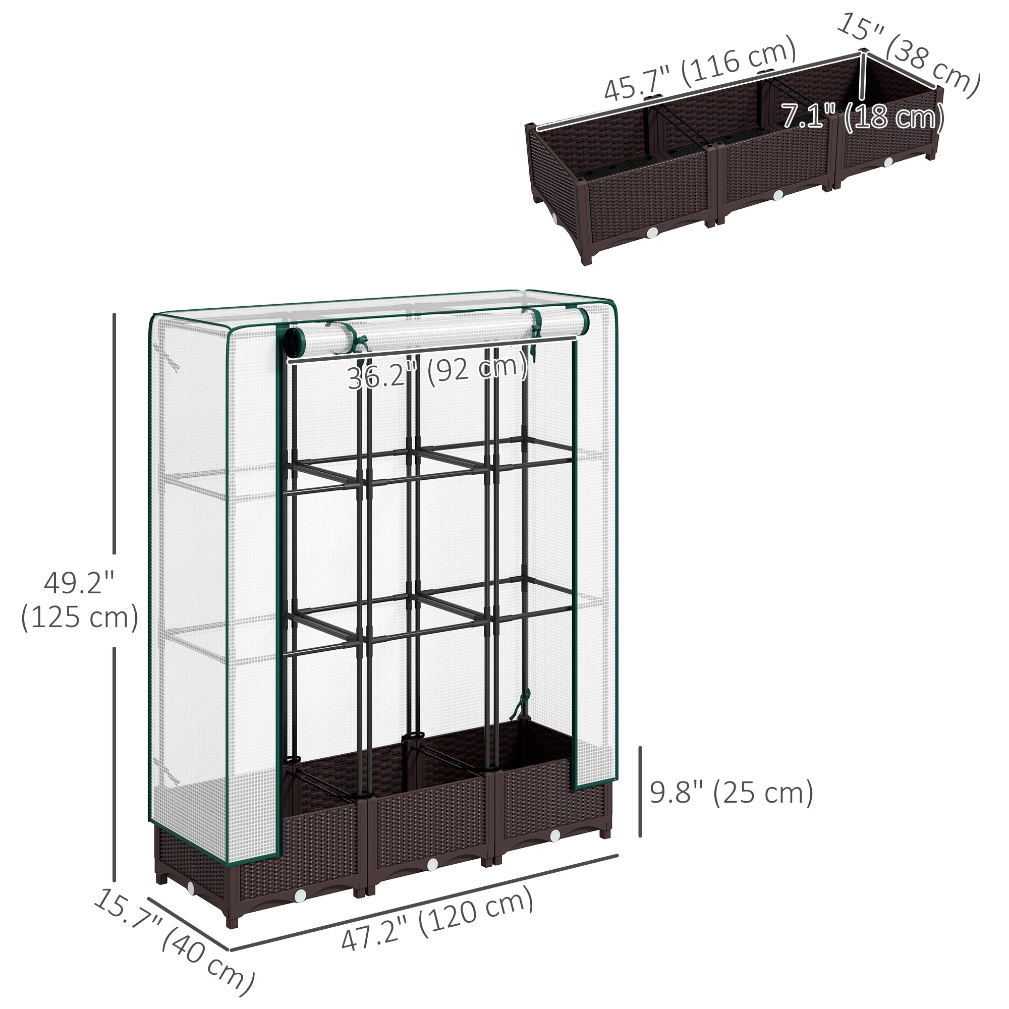 Raised Garden Bed with PE Greenhouse Cover & Trellis, 47" x 16" x 50", Brown - Image 5
