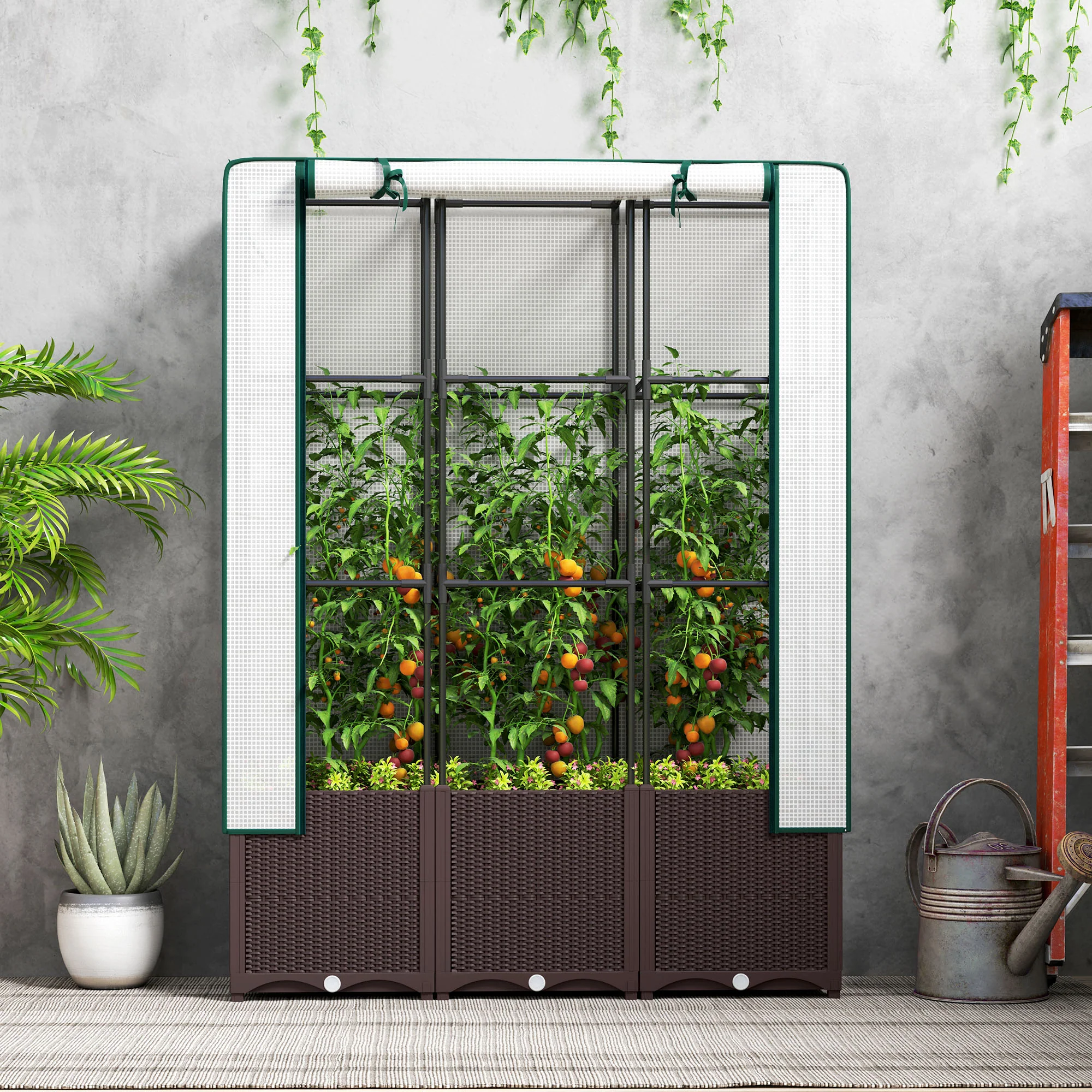 Raised Garden Bed with Trellis, Plastic Planter Box with PE Cover, Drainage Holes and Drain Plugs for Climbing Plants, Vegetables, Flowers, 120 x 40 x 140 cm - Image 10
