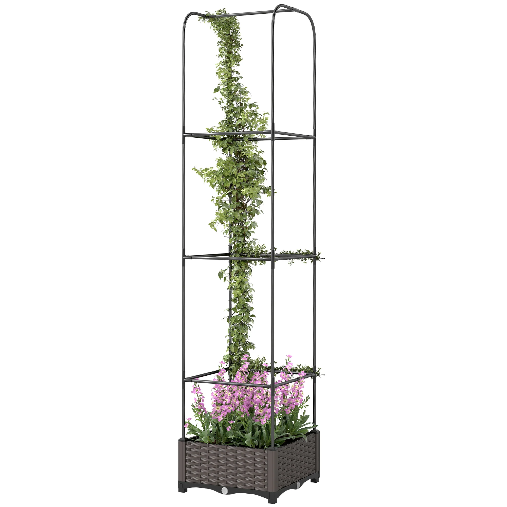 Raised Garden Bed with Trellis, Self Watering Plastic Planter Box with Drainage Holes, Drain Plugs and Water Reservoirs for Climbing Plants, Vegetables, Flowers, 40 x 40 x 179 cm, Black - Image 2