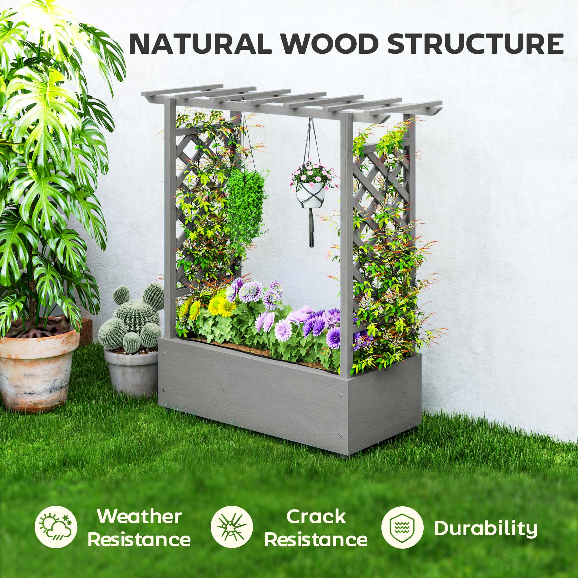 Wood Raised Garden Bed with Trellis, Hanging Roof, Drainage Holes and Liner,43.3" x 17.3" x 44.9", Grey - Image 9