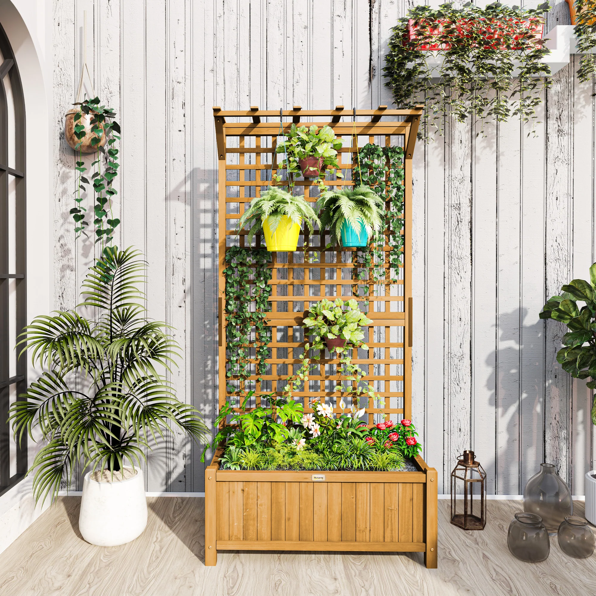 Raised Garden Bed, Wood Planter with Trellis for Vine Climbing, Privacy Screen Planter Box to Grow Vegetables, Herbs, and Flowers for Backyard, Patio, Deck, Yellow - Image 3