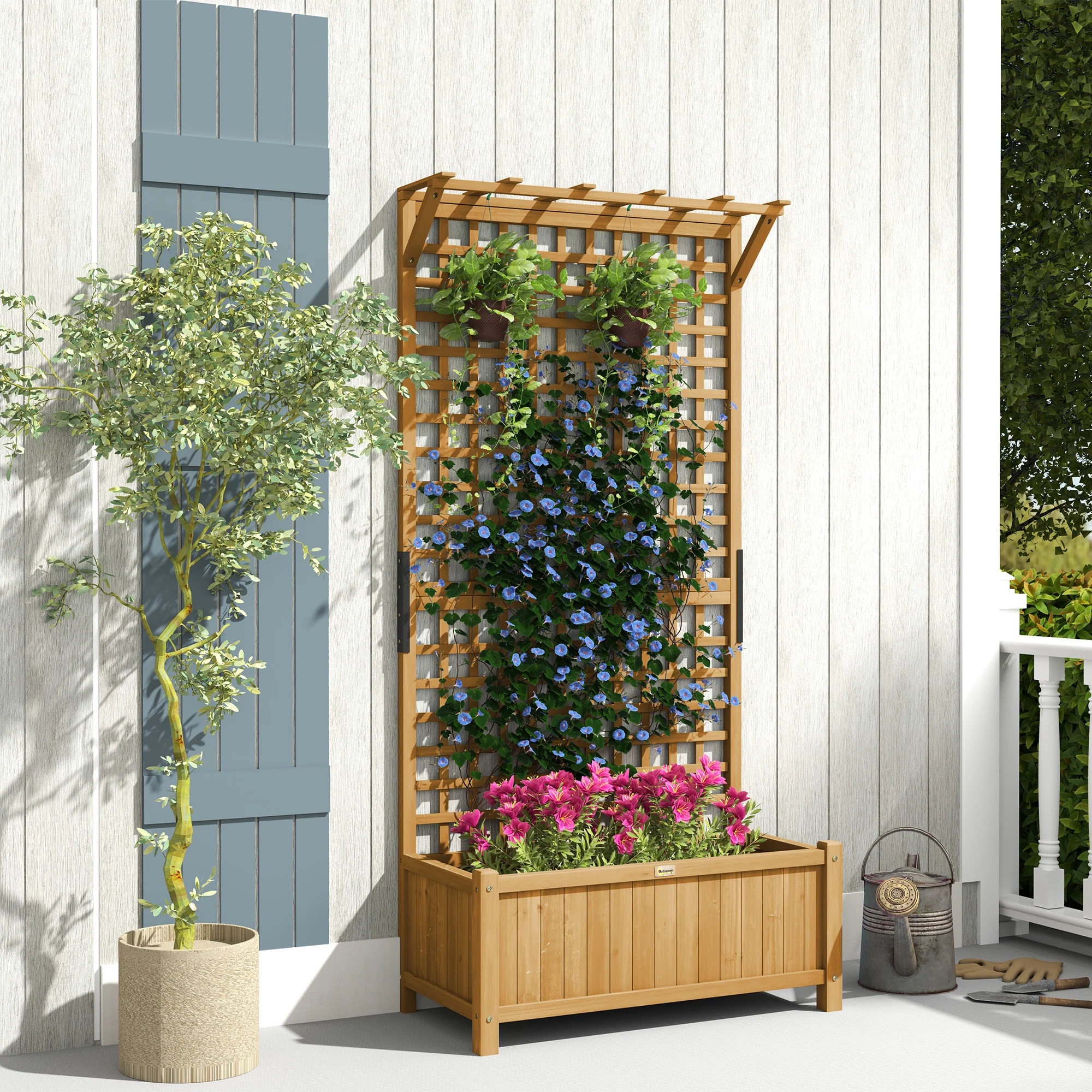 Raised Garden Bed, Wood Planter with Trellis for Vine Climbing, Privacy Screen Planter Box to Grow Vegetables, Herbs, and Flowers for Backyard, Patio, Deck, Yellow - Image 4