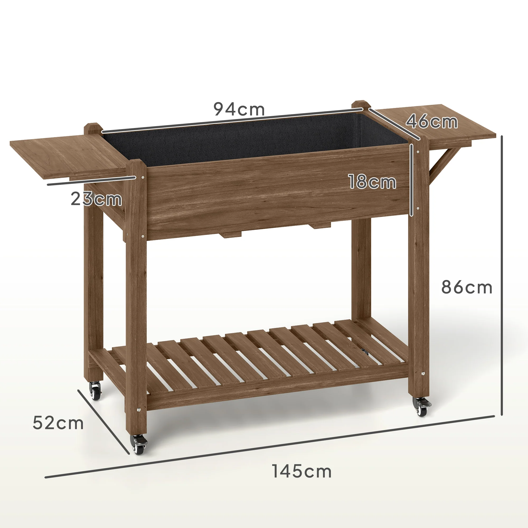 Wooden Elevated Planter Box with Lockable Wheels, Side Tables and Bottom Shelf, Carbonised - Image 5