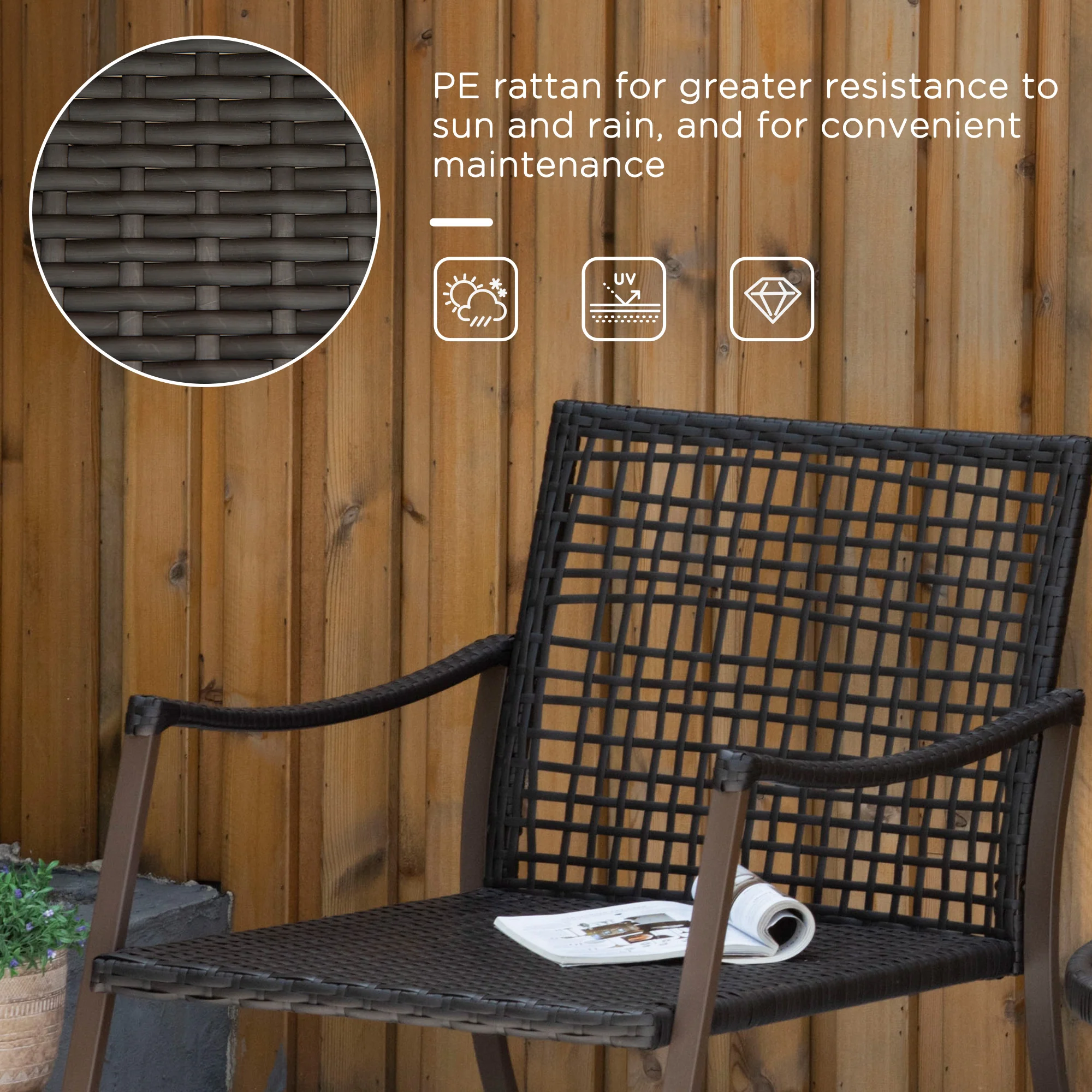 3 Pieces Rattan Bistro Set w/ Cushioned Rocking Chairs & Coffee Table for Patio, Porch, Brown - Image 8