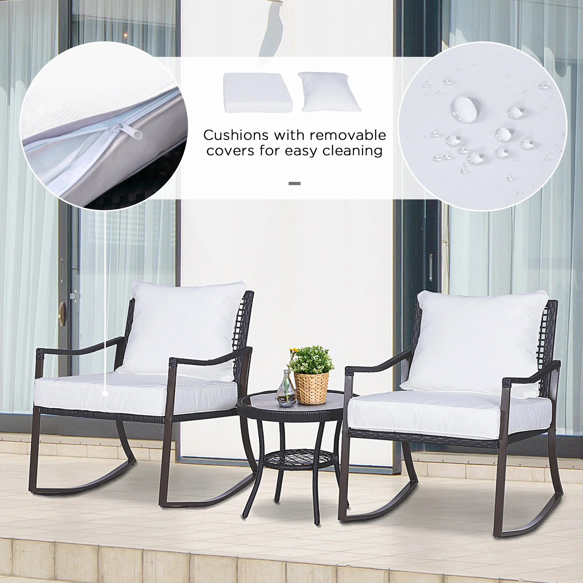 3 Pieces Rattan Bistro Set w/ Cushioned Rocking Chairs & Coffee Table for Patio, Porch, Brown - Image 9