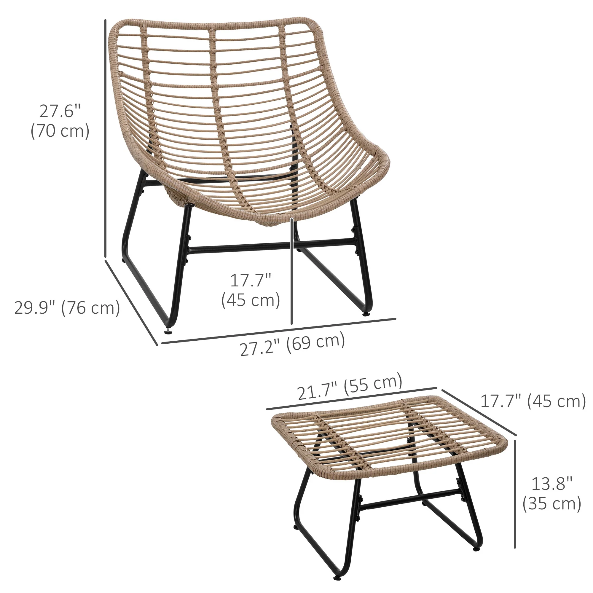 Outdoor Rattan Chair w/ Stool, Cushion & Adjustable Foot Pads for Patio, Lawn, Natural - Image 5