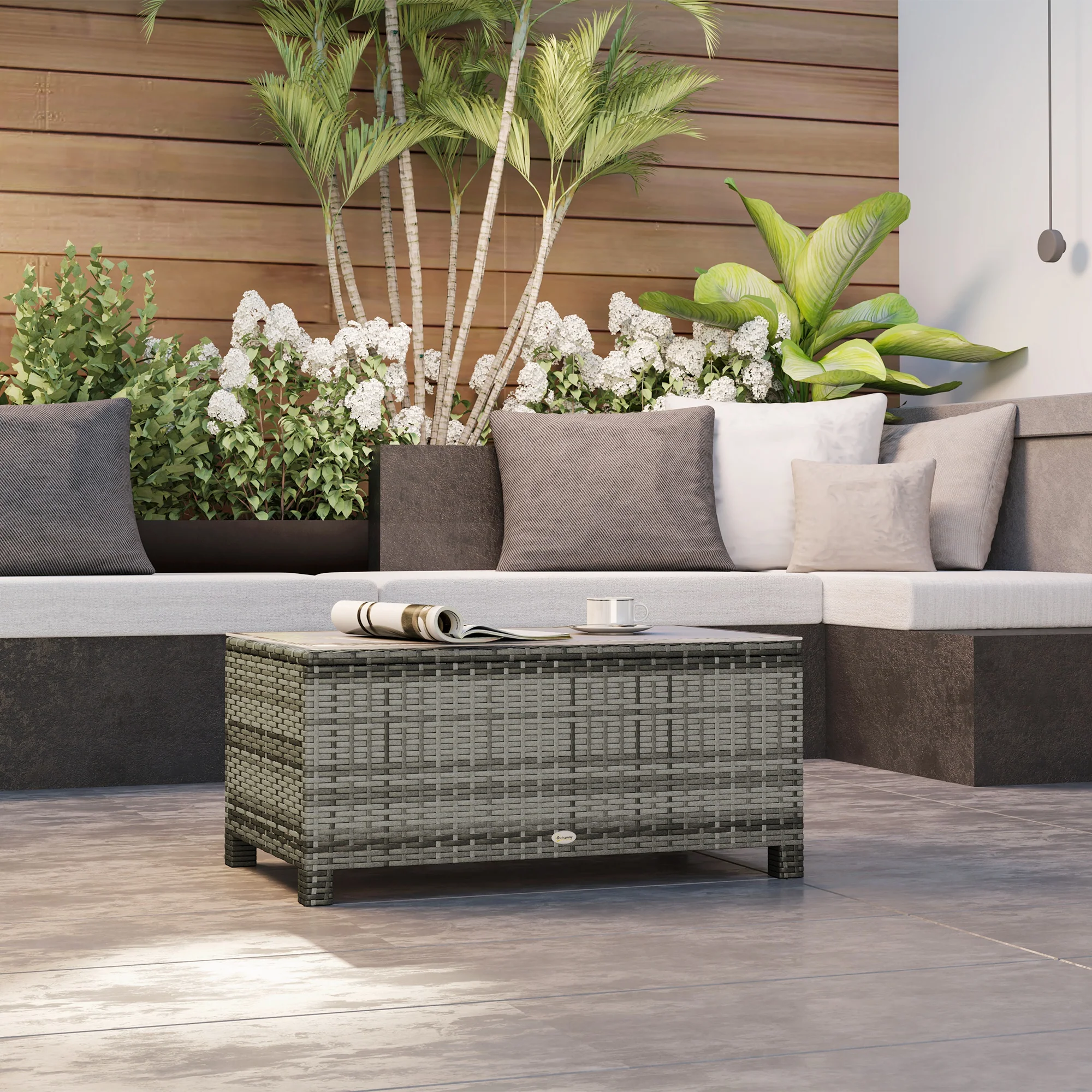 Rectangular Rattan Wicker Coffee Table with Tempered Glass Top & Anti-Slip Footing, Brown - Image 11